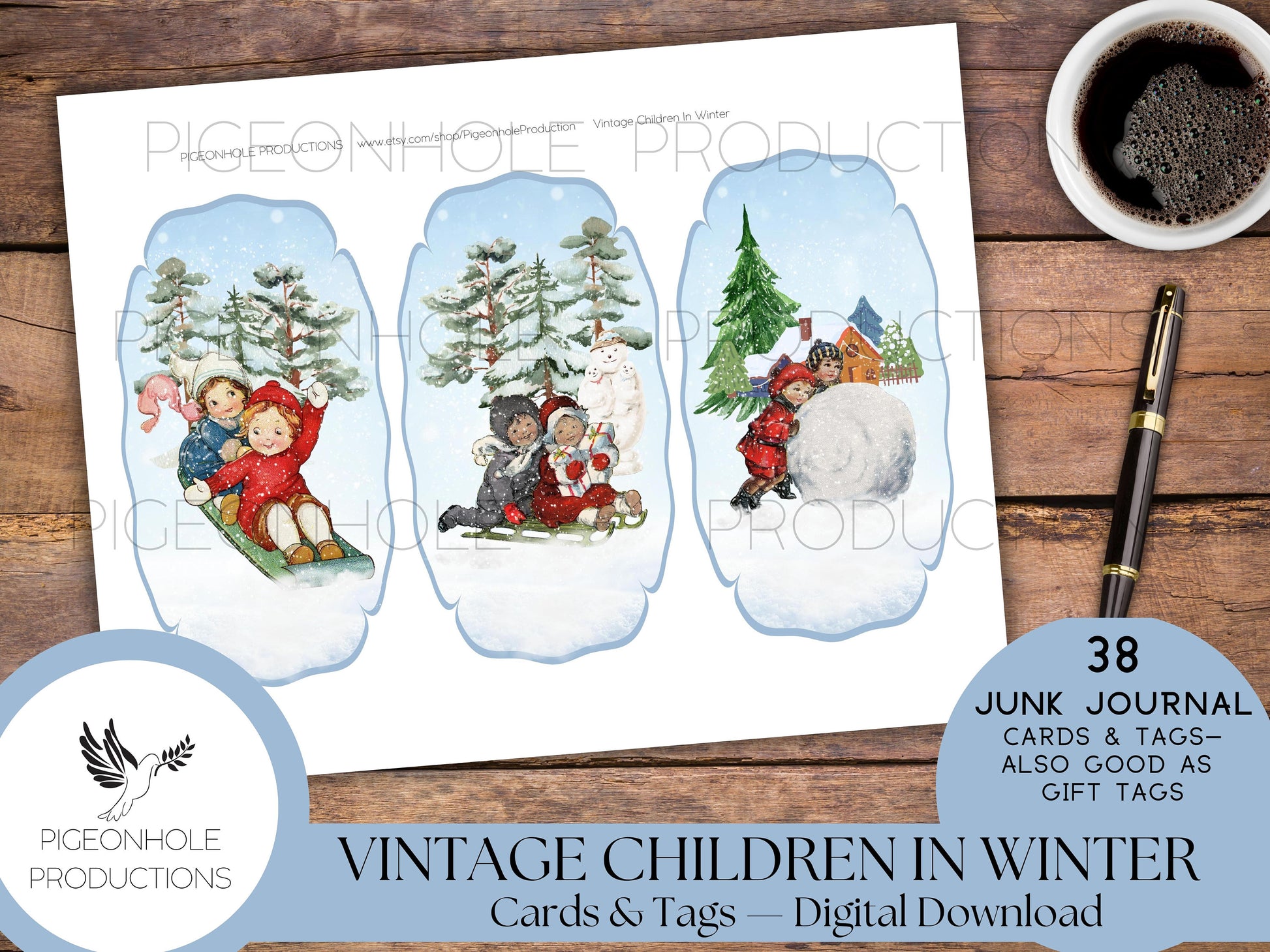 Vintage Children In Winter Junk Journal Cards & Tags—PRINTABLE—38 cards in a variety of pretty shapes—sweet children enjoying winter