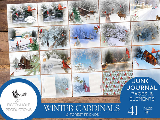 Winter Cardinal Bird & Forest Friends Winter Wonderland Junk Journal Kit—PRINTABLE—includes pages and all ephemera needed—see description!