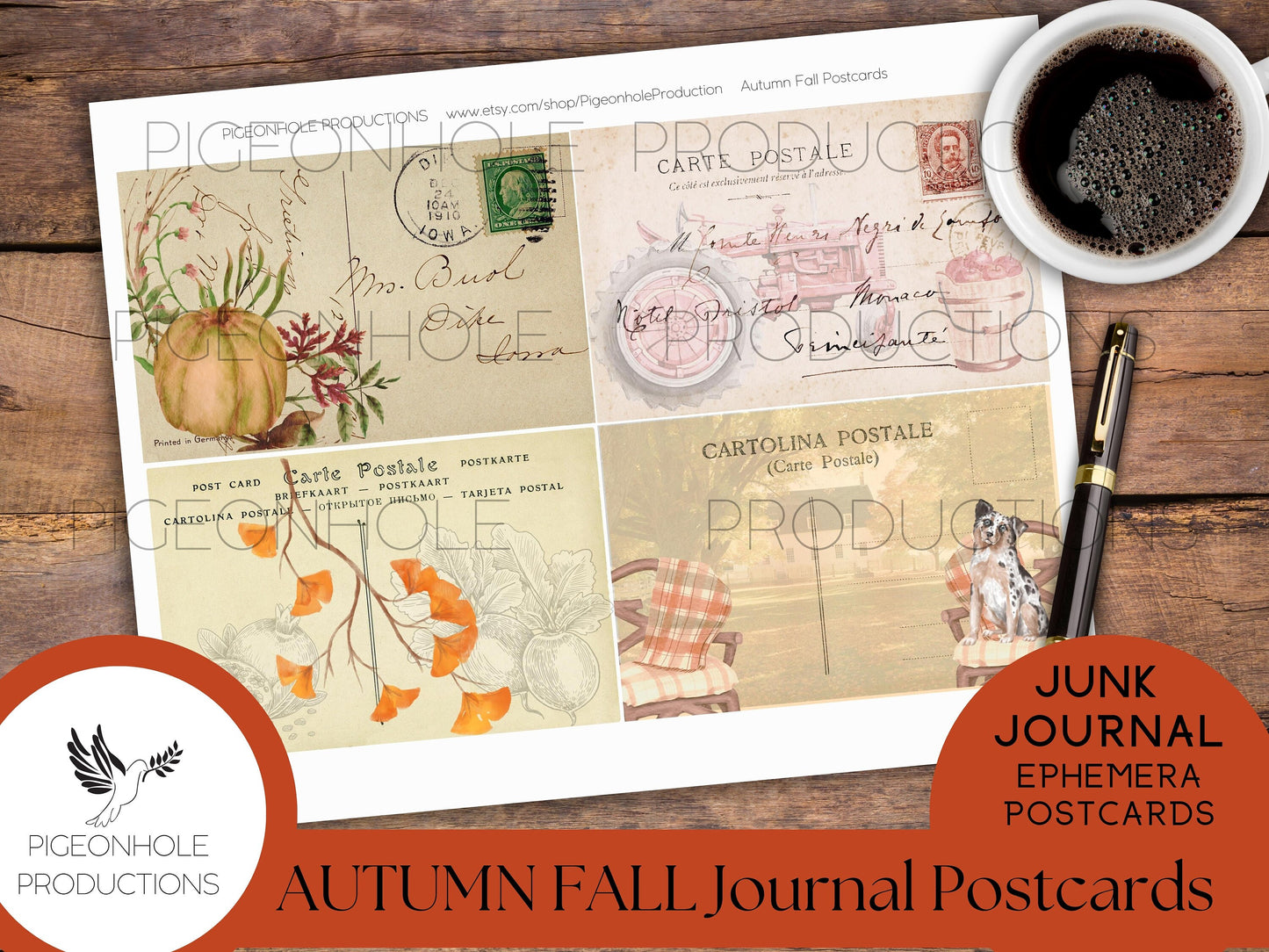 Autumn Fall Junk Journal Post Cards, PRINTABLE, use as journal cards, pockets, other ephemera and elements, pretty pastel autumn colors