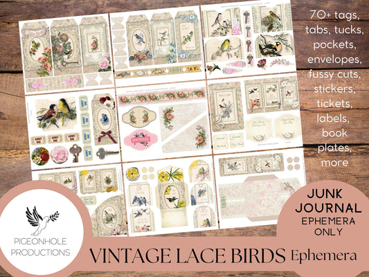 Vintage Lace Birds Junk Journal EPHEMERA—PRINTABLE—70+ tags, tucks, pockets, envelopes, fussy cuts, stickers, tickets, labels, book plates