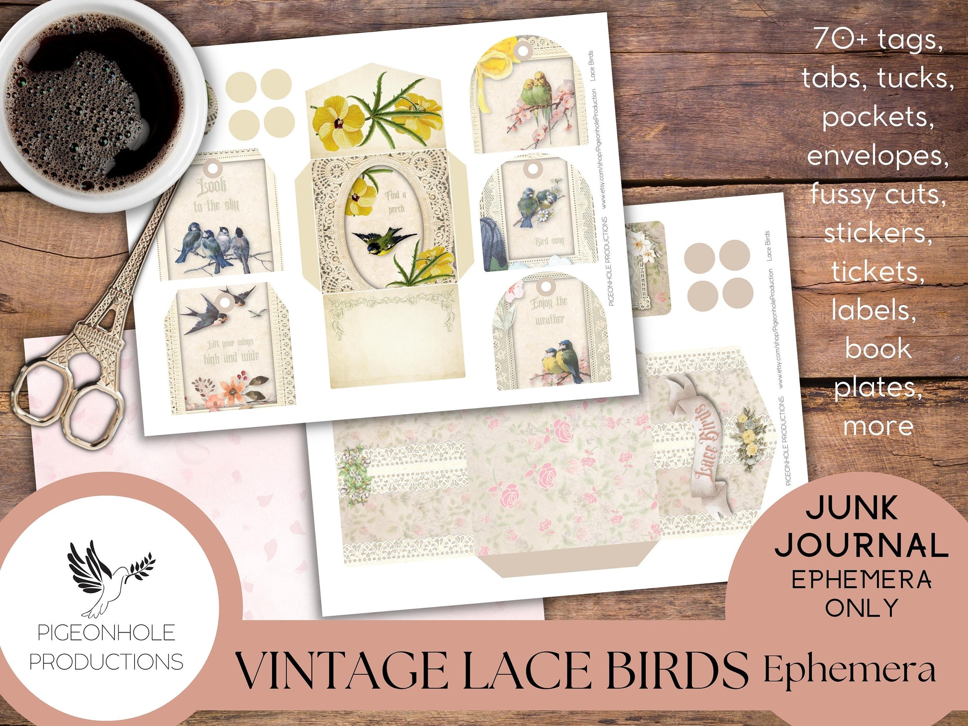 Vintage Lace Birds Junk Journal EPHEMERA—PRINTABLE—70+ tags, tucks, pockets, envelopes, fussy cuts, stickers, tickets, labels, book plates