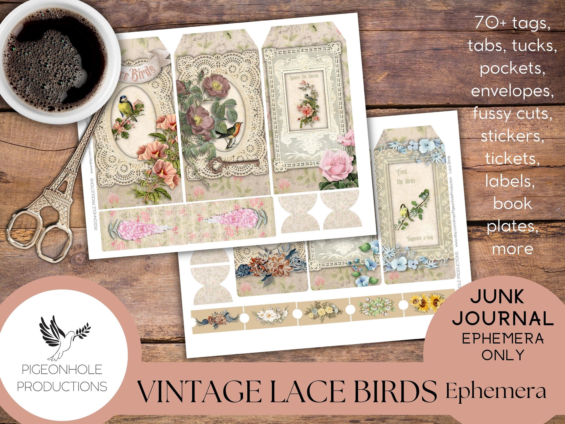 Vintage Lace Birds Junk Journal EPHEMERA—PRINTABLE—70+ tags, tucks, pockets, envelopes, fussy cuts, stickers, tickets, labels, book plates