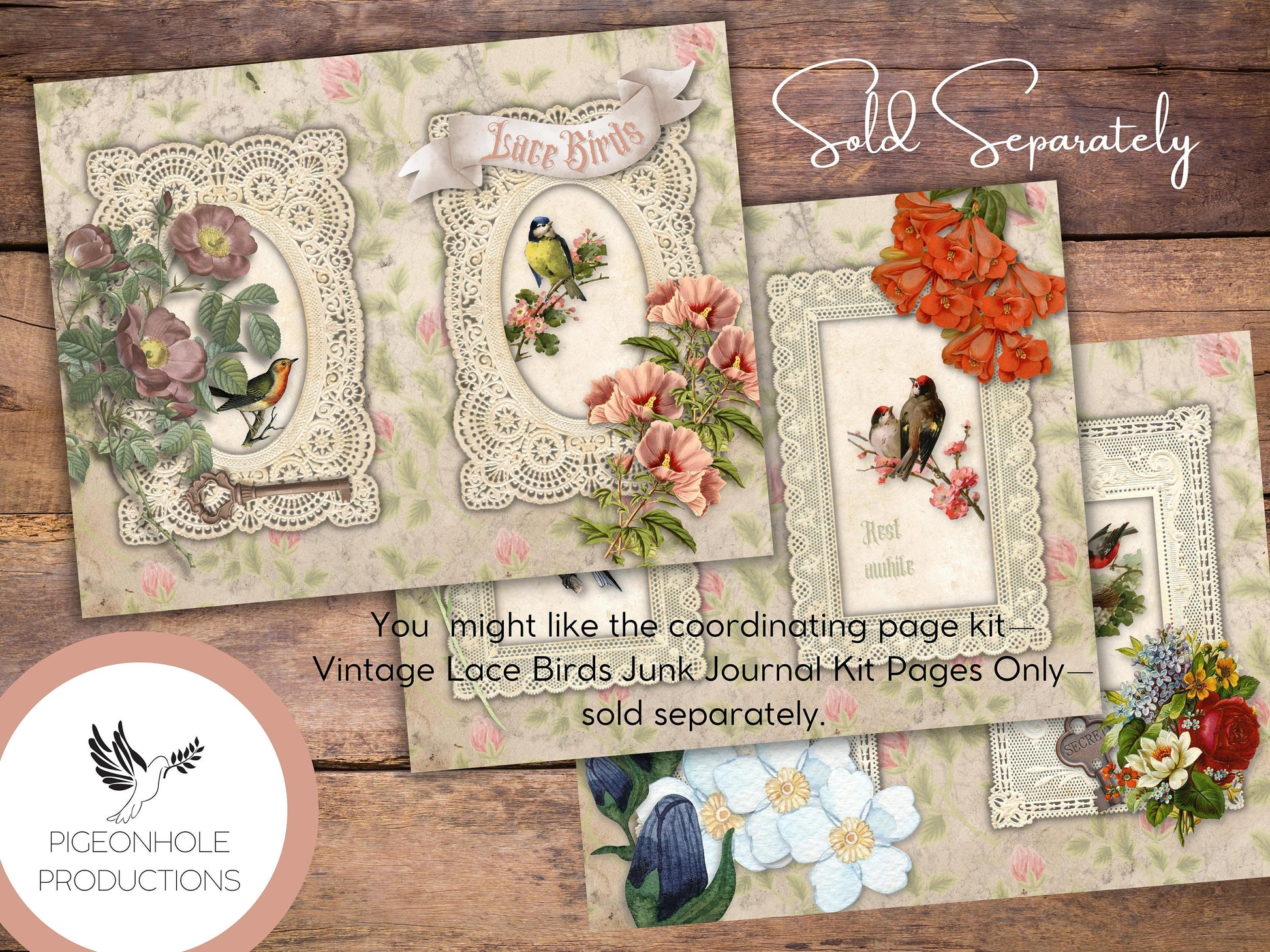 Vintage Lace Birds Junk Journal EPHEMERA—PRINTABLE—70+ tags, tucks, pockets, envelopes, fussy cuts, stickers, tickets, labels, book plates