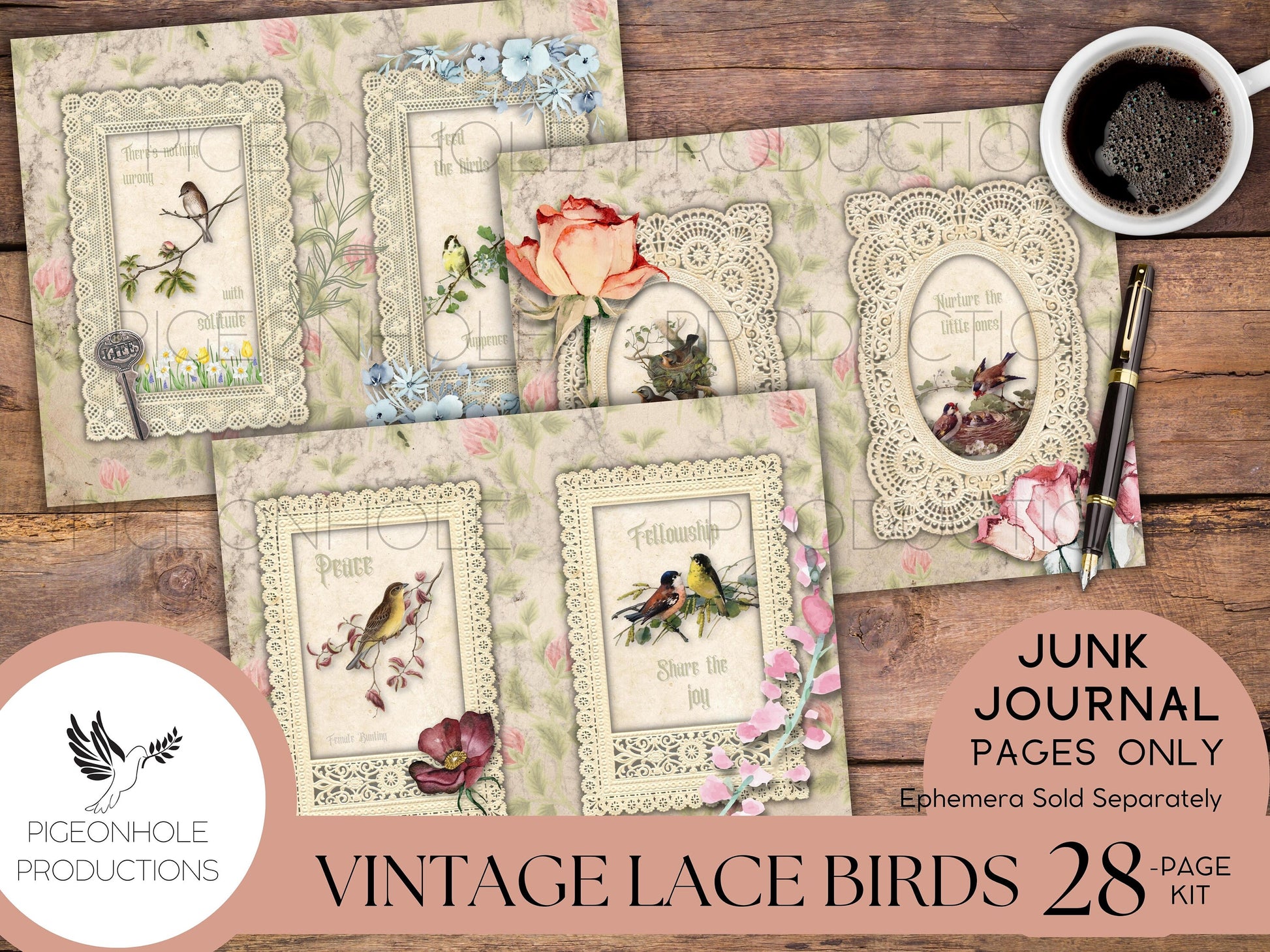 Vintage Lace Birds Junk Journal Kit—Pages Only—PRINTABLE—tribute to the beautiful bird illustrations of Catharina Klein, 1800s-1900s