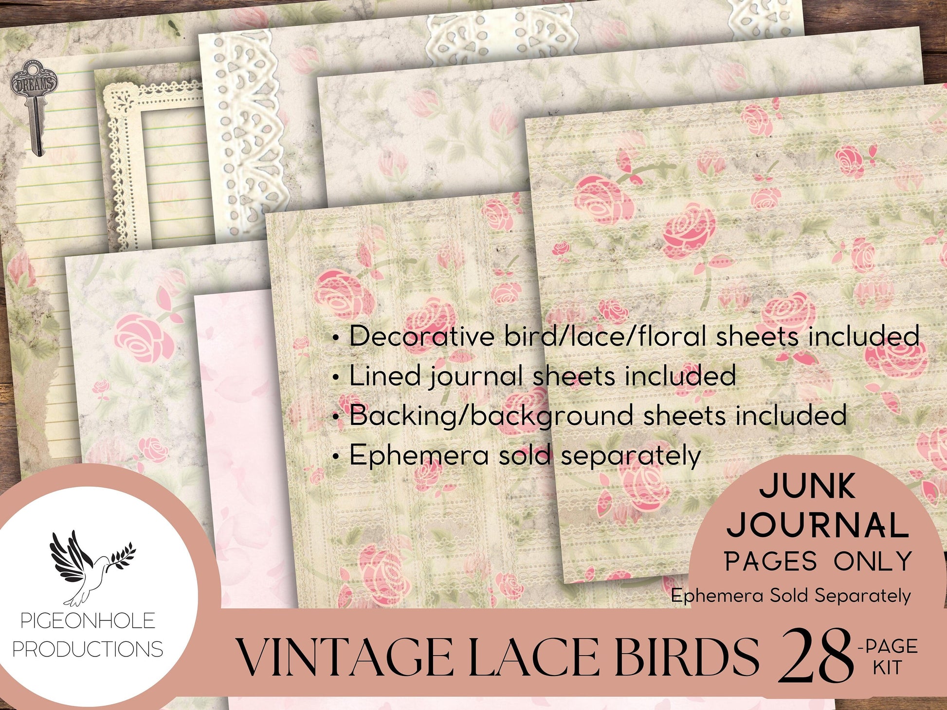 Vintage Lace Birds Junk Journal Kit—Pages Only—PRINTABLE—tribute to the beautiful bird illustrations of Catharina Klein, 1800s-1900s