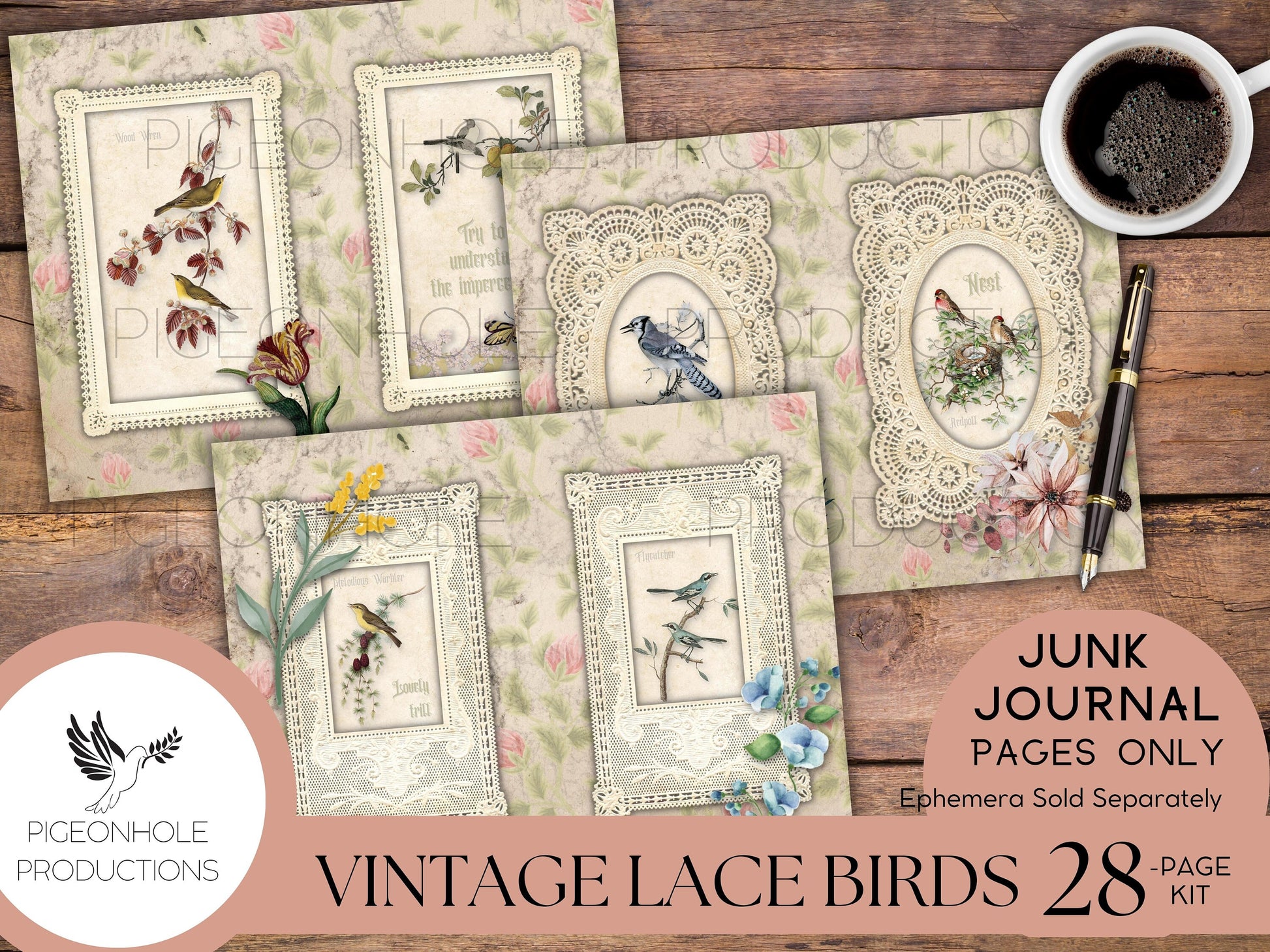 Vintage Lace Birds Junk Journal Kit—Pages Only—PRINTABLE—tribute to the beautiful bird illustrations of Catharina Klein, 1800s-1900s