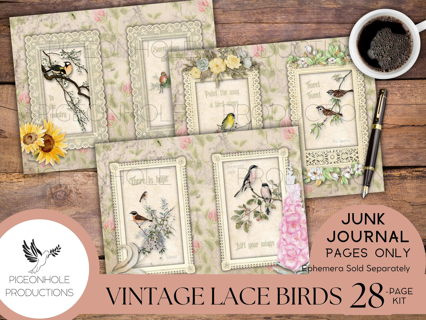 Vintage Lace Birds Junk Journal Kit—Pages Only—PRINTABLE—tribute to the beautiful bird illustrations of Catharina Klein, 1800s-1900s