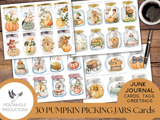 30 Pumpkin Picking Jars Junk Journal Cards, PRINTABLE, for Autumn journal cards, tags, tucks, greeting cards, or other Fall ephemera—pretty!