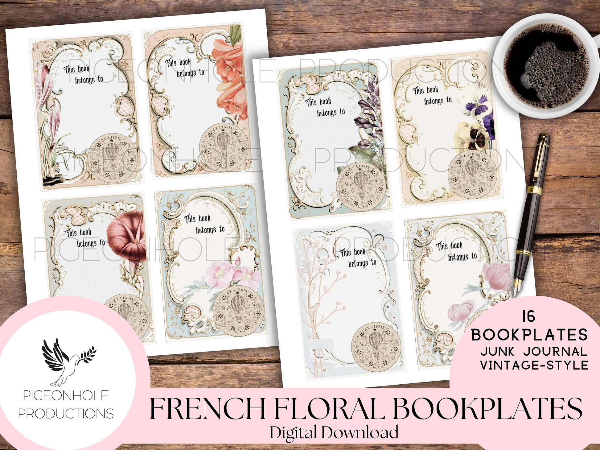 Vintage French Floral Bookplates—PRINTABLE—32 Ex Libris labels with faded flowers/florals—16 different bookplates in 2 different fonts