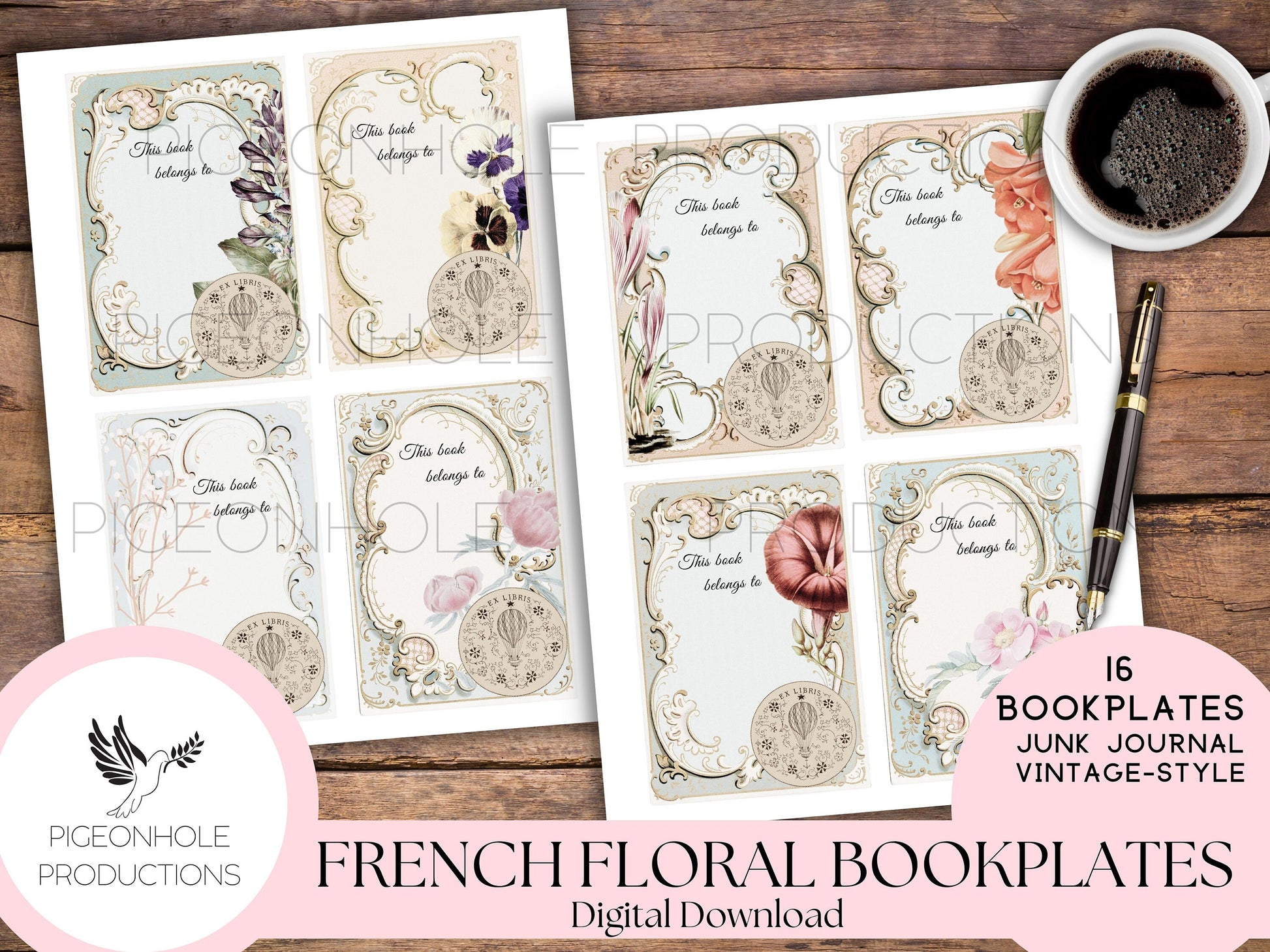 Vintage French Floral Bookplates—PRINTABLE—32 Ex Libris labels with faded flowers/florals—16 different bookplates in 2 different fonts