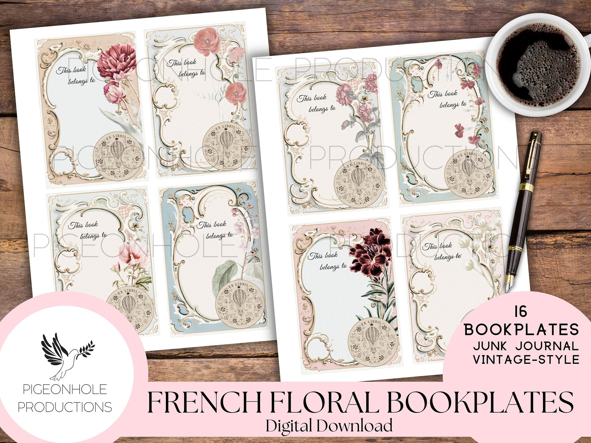 Vintage French Floral Bookplates—PRINTABLE—32 Ex Libris labels with faded flowers/florals—16 different bookplates in 2 different fonts