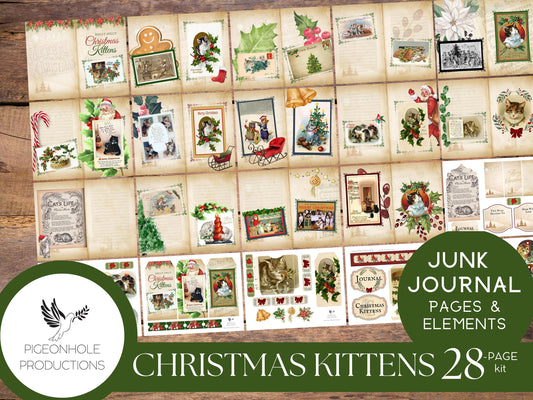 Christmas Kittens Junk Journal Kit—PRINTABLE—28 pages, includes journal pages plus 70+ tags, pockets, tucks, envelopes, tickets, more