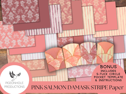 Pink Salmon Damask Stripe Papers—PRINTABLE—with coordinating backings and BONUS 5-Tuck Circle Pocket Template and Instructions—see pics!