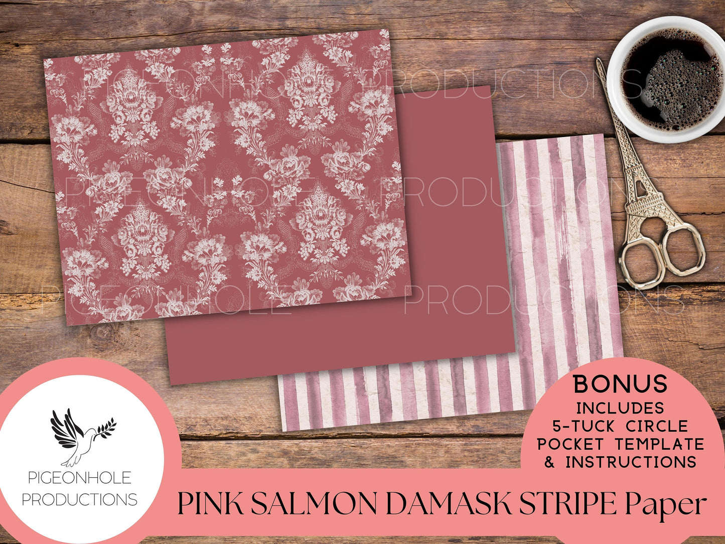 Pink Salmon Damask Stripe Papers—PRINTABLE—with coordinating backings and BONUS 5-Tuck Circle Pocket Template and Instructions—see pics!