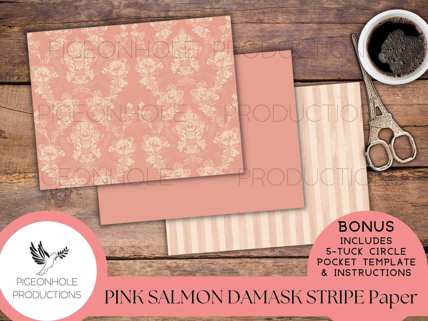 Pink Salmon Damask Stripe Papers—PRINTABLE—with coordinating backings and BONUS 5-Tuck Circle Pocket Template and Instructions—see pics!