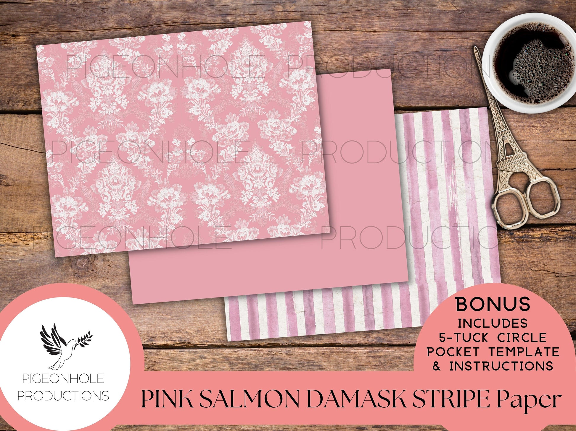 Pink Salmon Damask Stripe Papers—PRINTABLE—with coordinating backings and BONUS 5-Tuck Circle Pocket Template and Instructions—see pics!