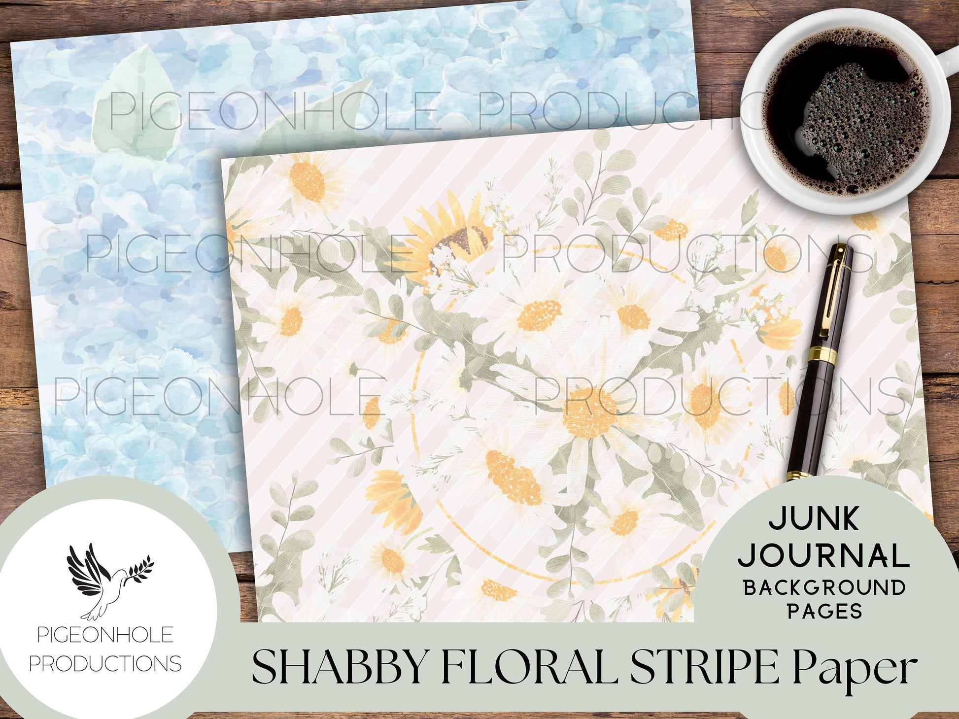 Shabby Floral Stripe Junk Journal Papers—PRINTABLE—14 sheets—use for journal backgrounds, card making, collage, other papercraft projects