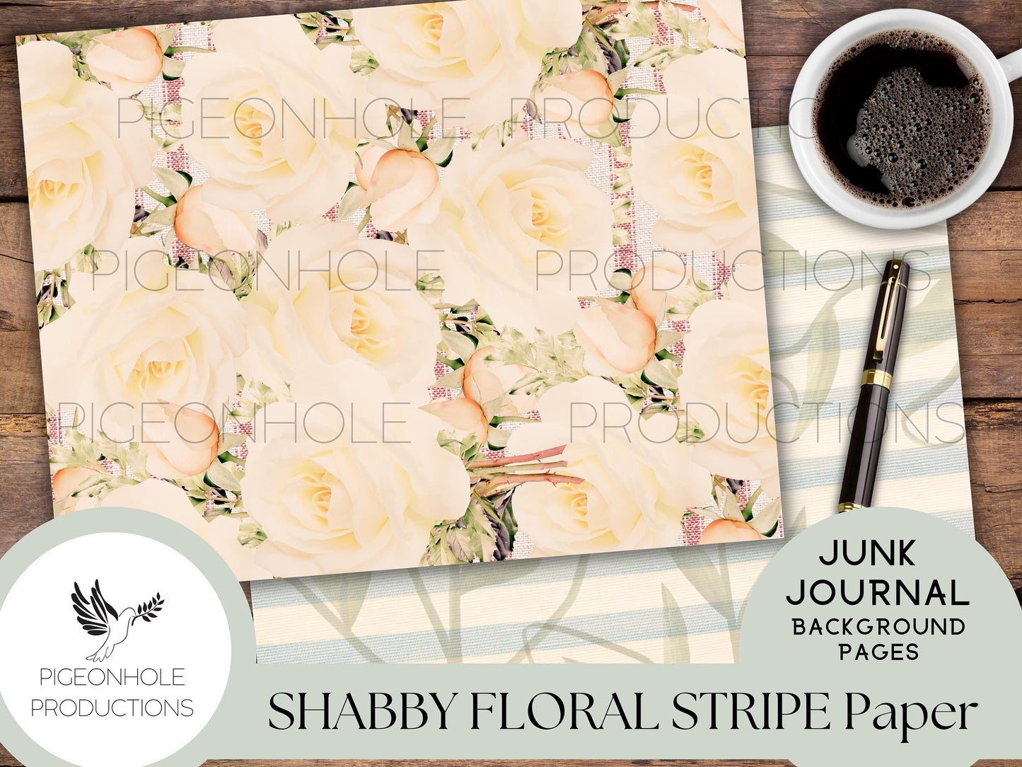 Shabby Floral Stripe Junk Journal Papers—PRINTABLE—14 sheets—use for journal backgrounds, card making, collage, other papercraft projects