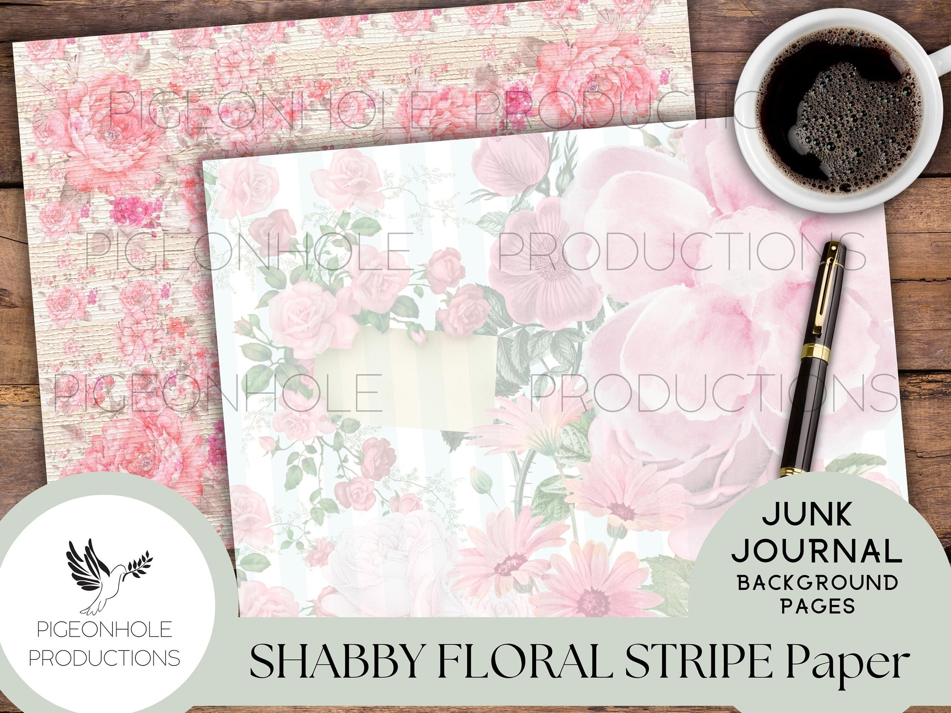 Shabby Floral Stripe Junk Journal Papers—PRINTABLE—14 sheets—use for journal backgrounds, card making, collage, other papercraft projects