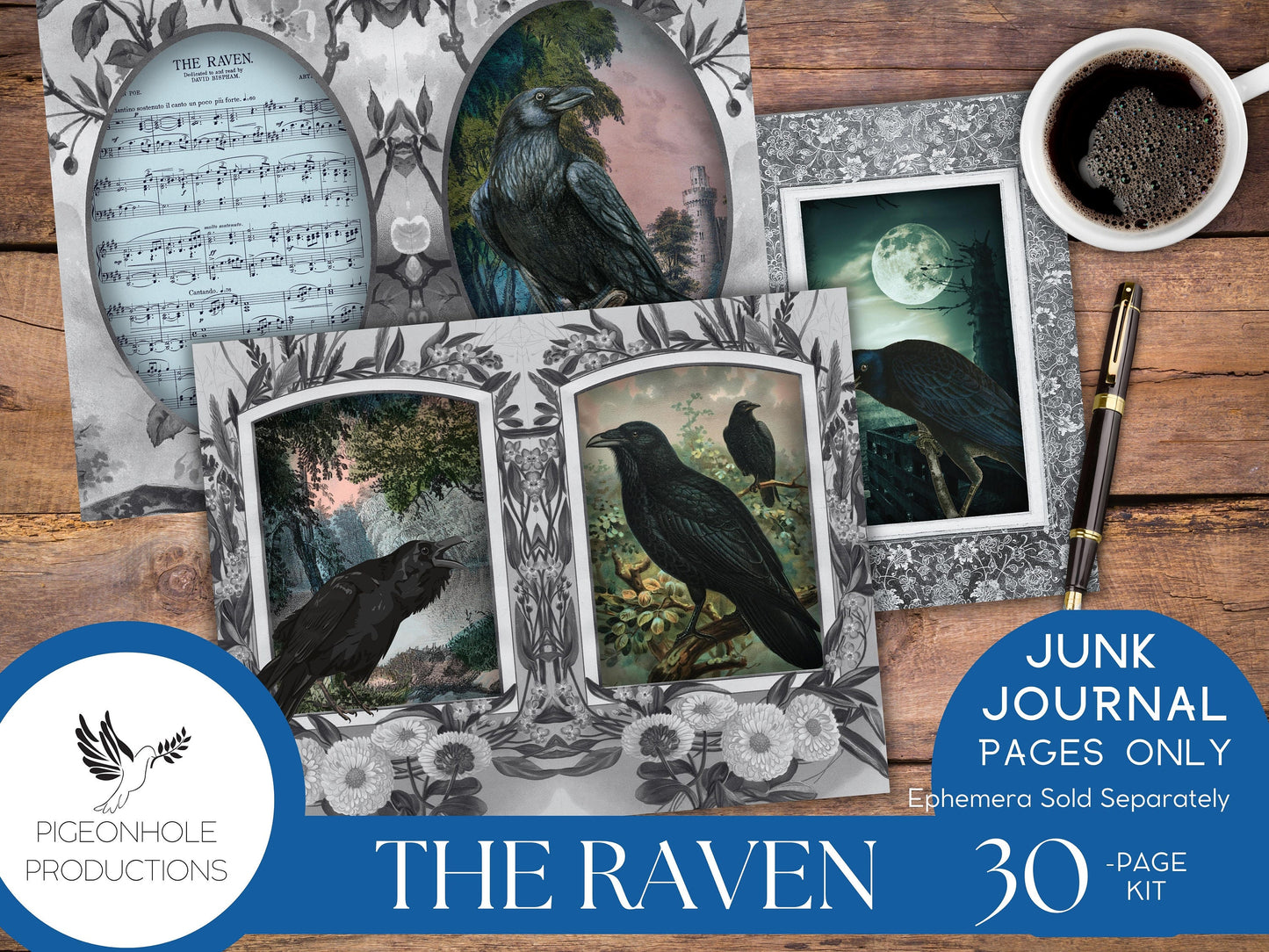 The Raven Junk Journal Kit Pages Only—PRINTABLE—Halloween Goth—tribute to The Raven & The Legend of Sleepy Hollow—beautiful bird scenes!