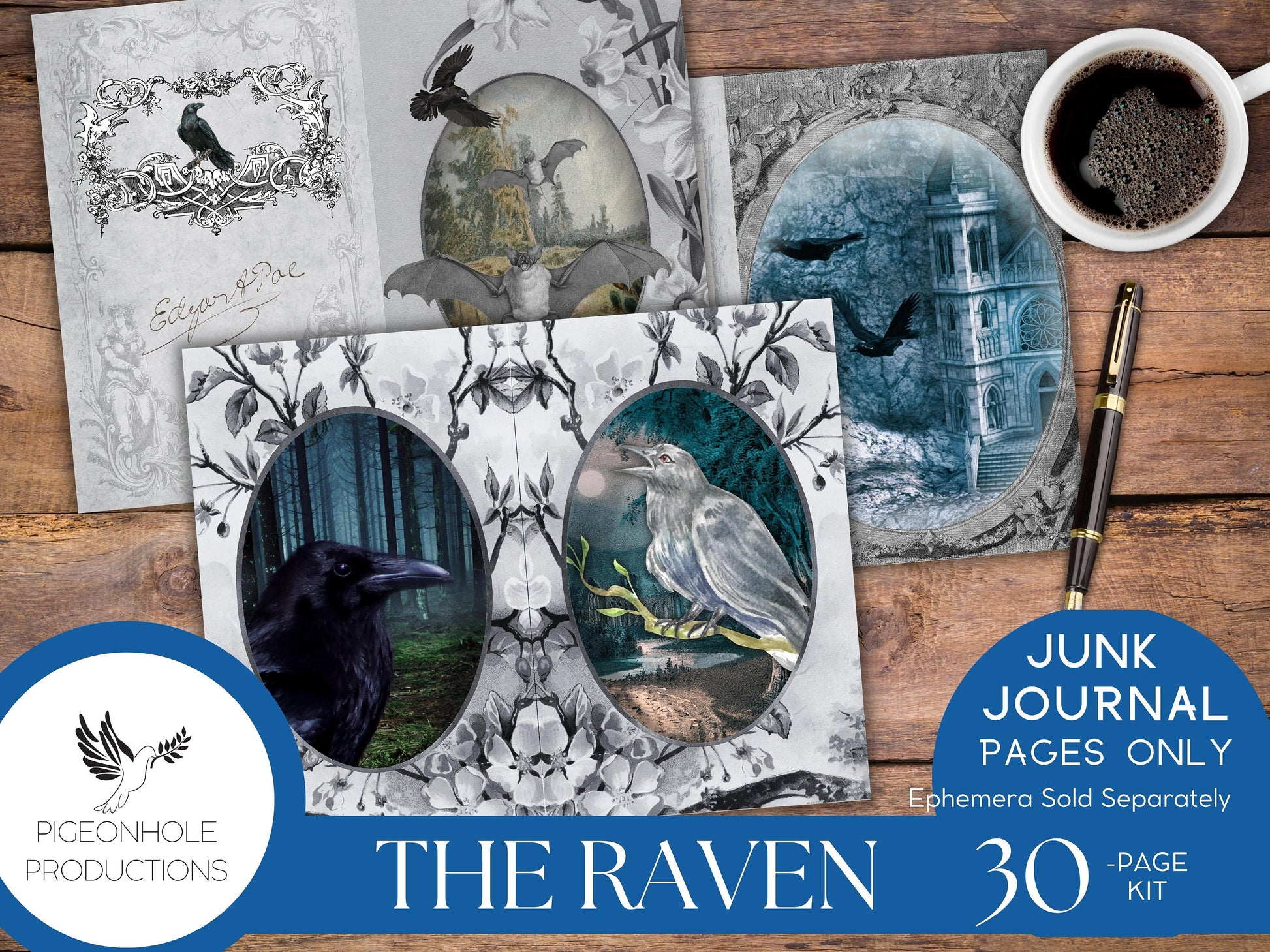 The Raven Junk Journal Kit Pages Only—PRINTABLE—Halloween Goth—tribute to The Raven & The Legend of Sleepy Hollow—beautiful bird scenes!