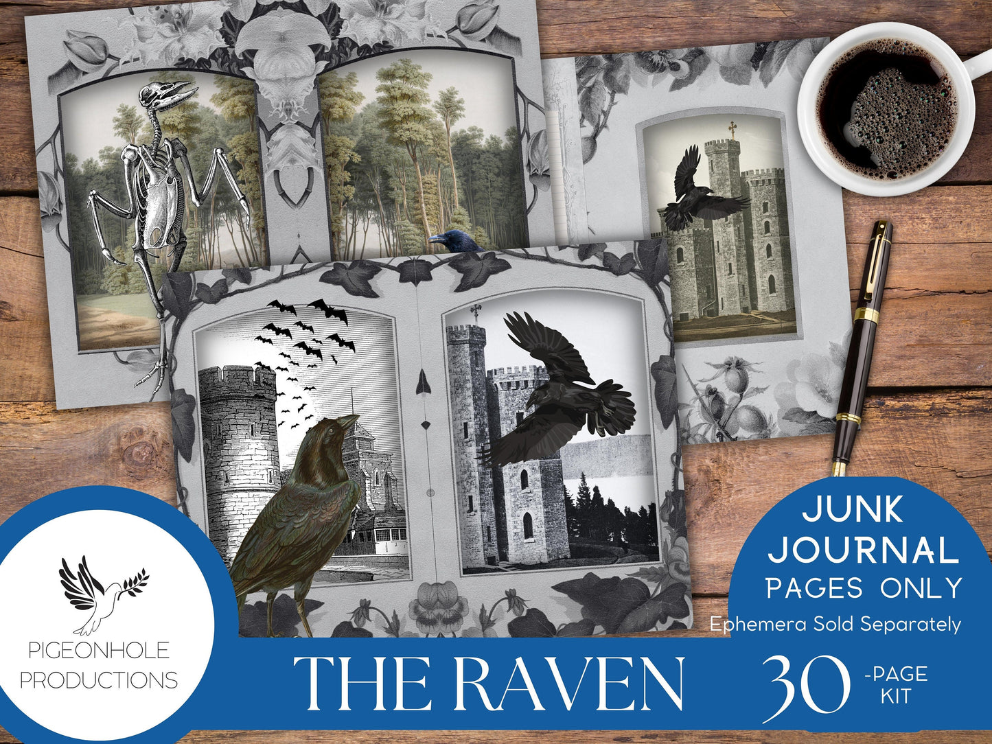 The Raven Junk Journal Kit Pages Only—PRINTABLE—Halloween Goth—tribute to The Raven & The Legend of Sleepy Hollow—beautiful bird scenes!