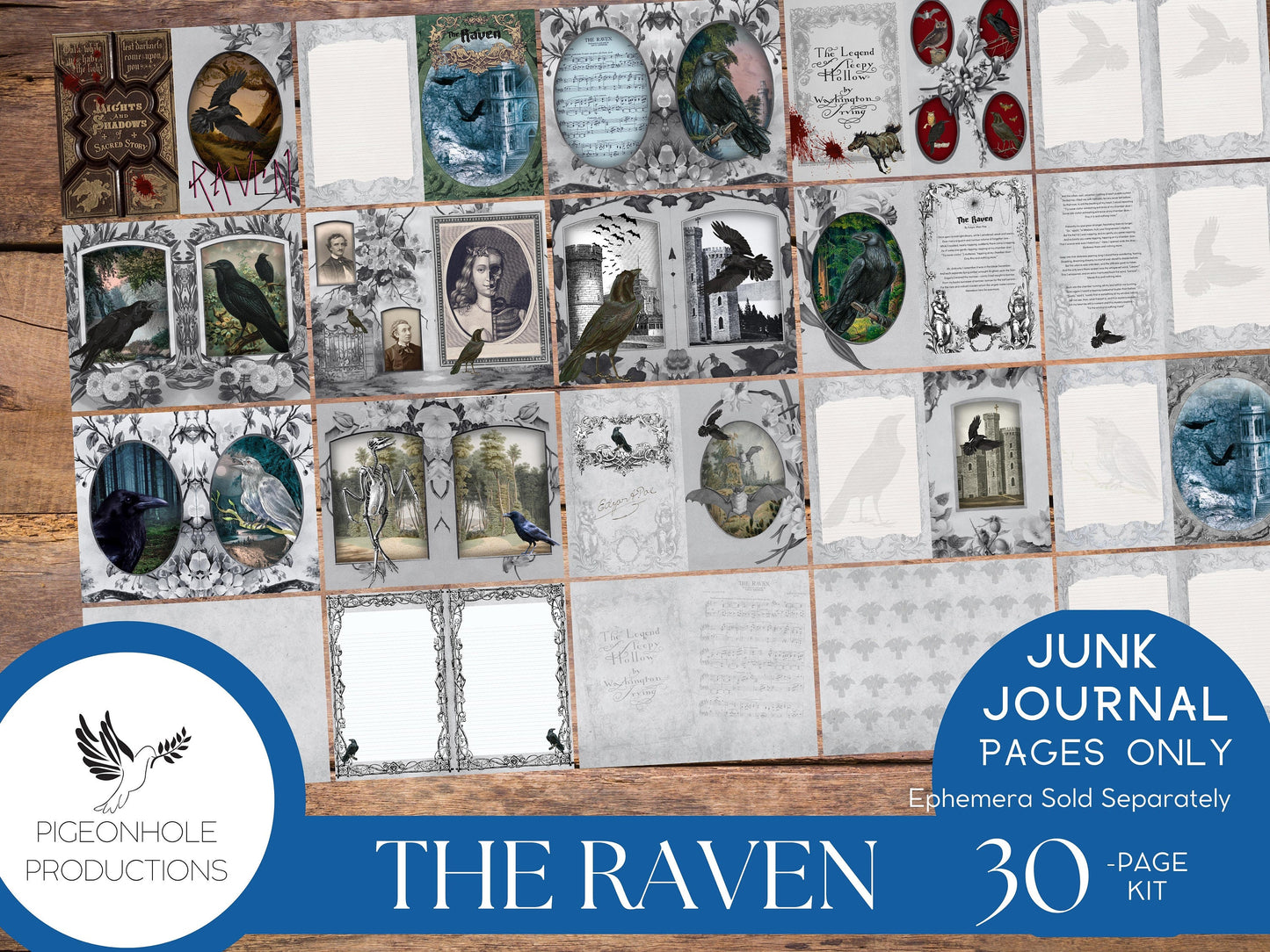 The Raven Junk Journal Kit Pages Only—PRINTABLE—Halloween Goth—tribute to The Raven & The Legend of Sleepy Hollow—beautiful bird scenes!