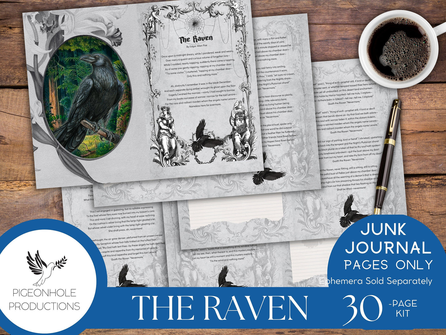 The Raven Junk Journal Kit Pages Only—PRINTABLE—Halloween Goth—tribute to The Raven & The Legend of Sleepy Hollow—beautiful bird scenes!