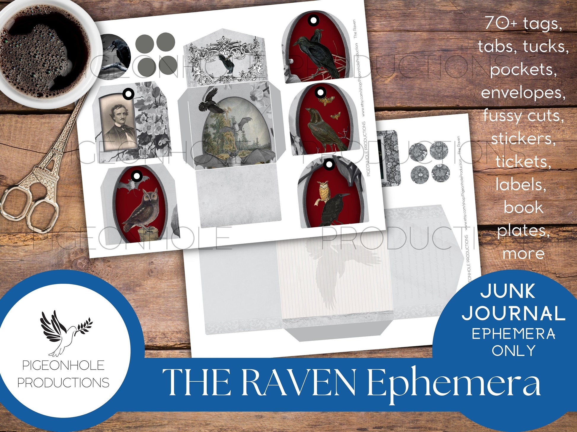 The Raven Junk Journal EPHEMERA Only—PRINTABLE—Halloween Goth—tribute to The Raven & The Legend of Sleepy Hollow—beautiful bird scenes!