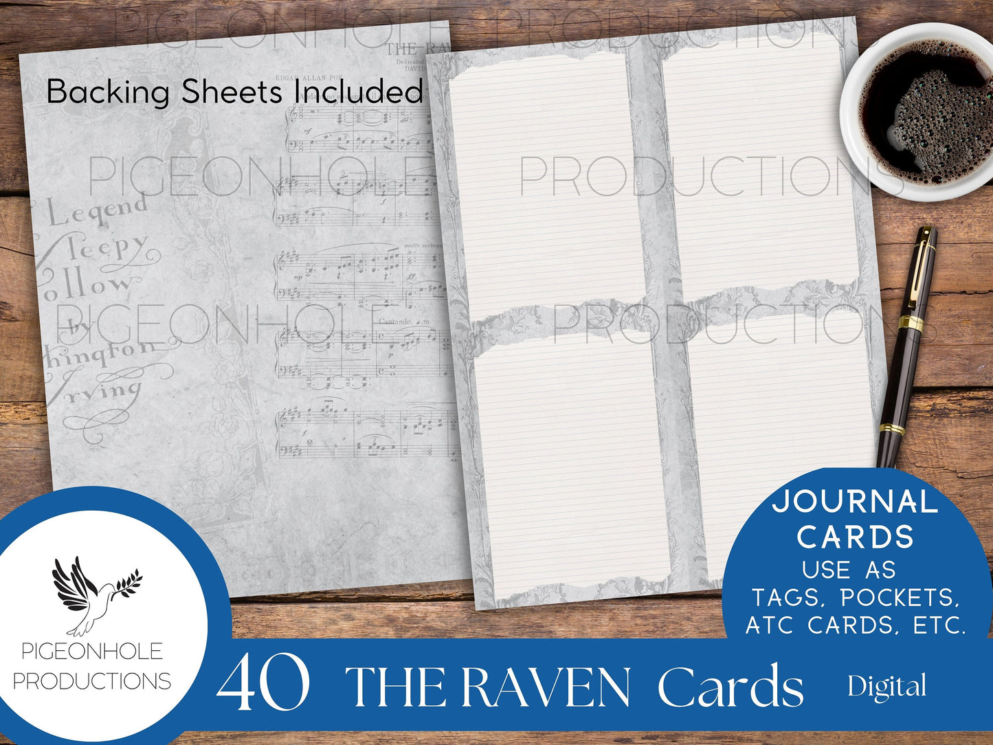 The Raven Junk Journal Cards—PRINTABLE—40 cards—Halloween Goth—includes The Legend of Sleepy Hollow—magical, mystical scenes with birds