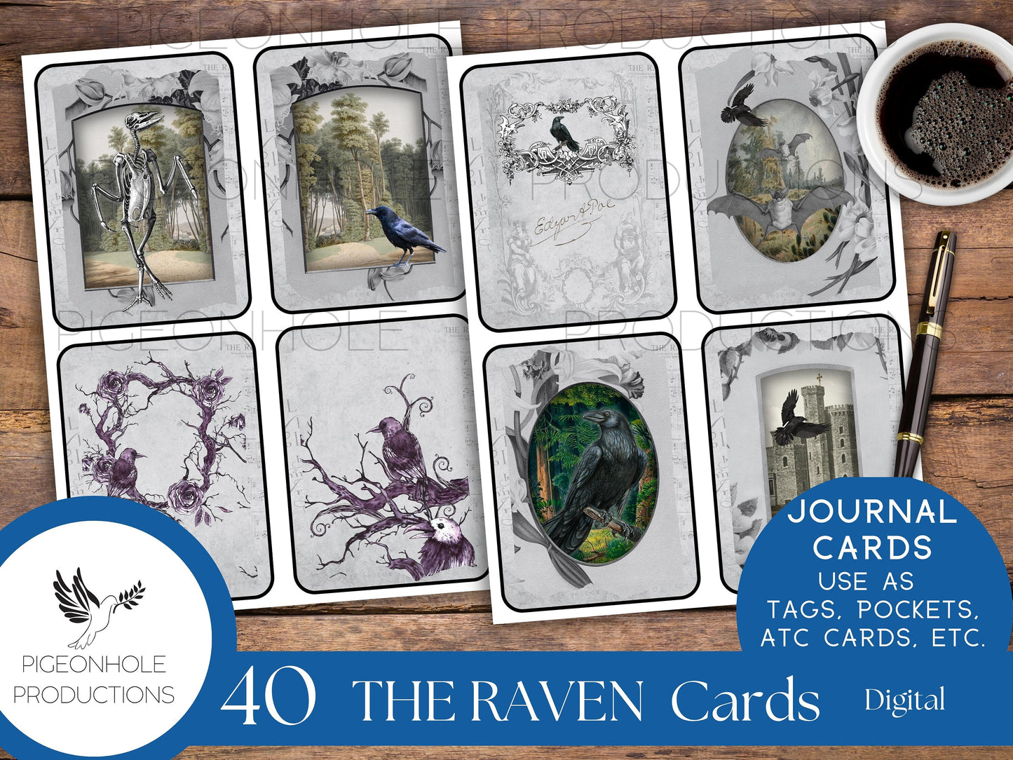 The Raven Junk Journal Cards—PRINTABLE—40 cards—Halloween Goth—includes The Legend of Sleepy Hollow—magical, mystical scenes with birds