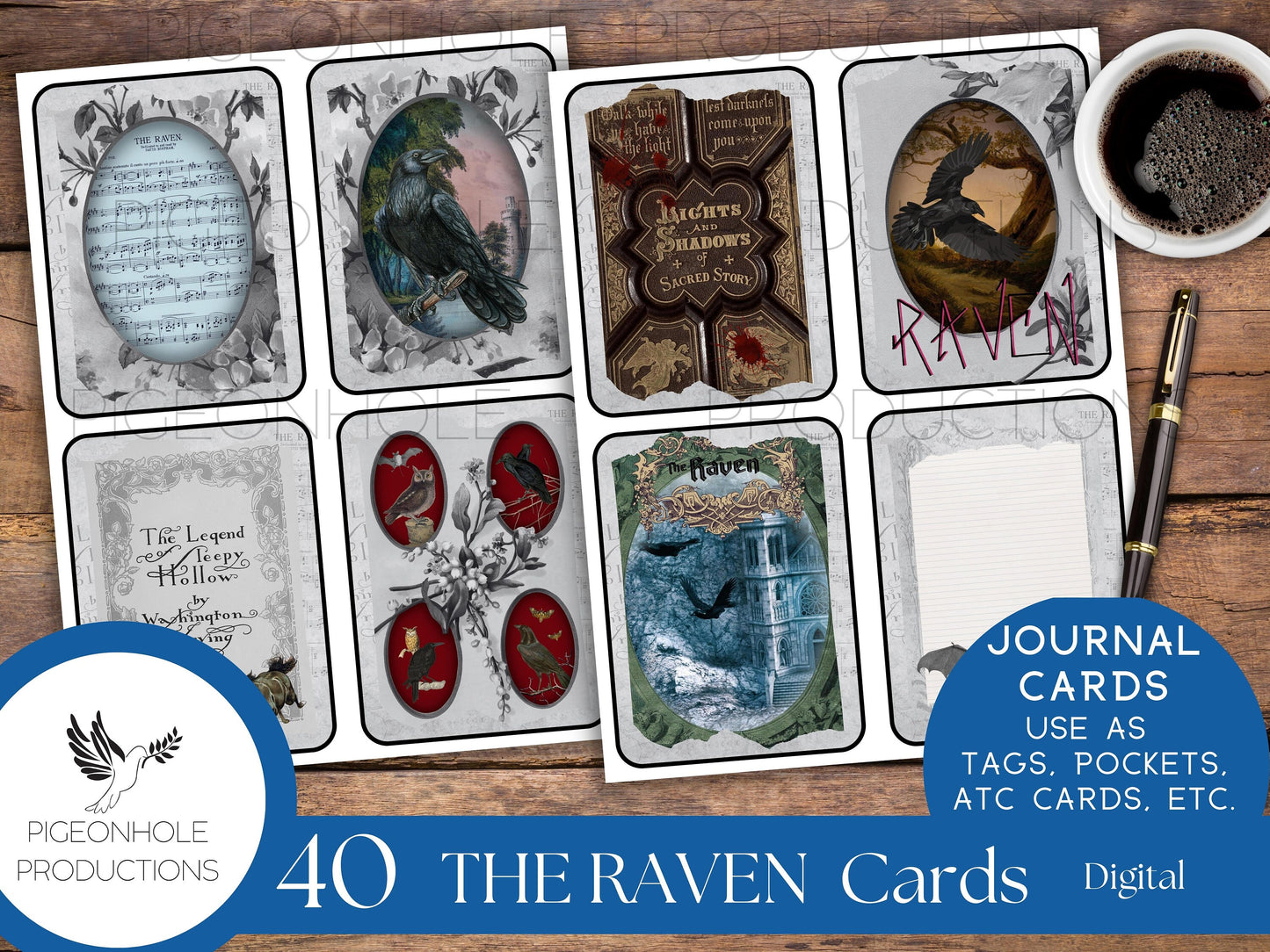 The Raven Junk Journal Cards—PRINTABLE—40 cards—Halloween Goth—includes The Legend of Sleepy Hollow—magical, mystical scenes with birds