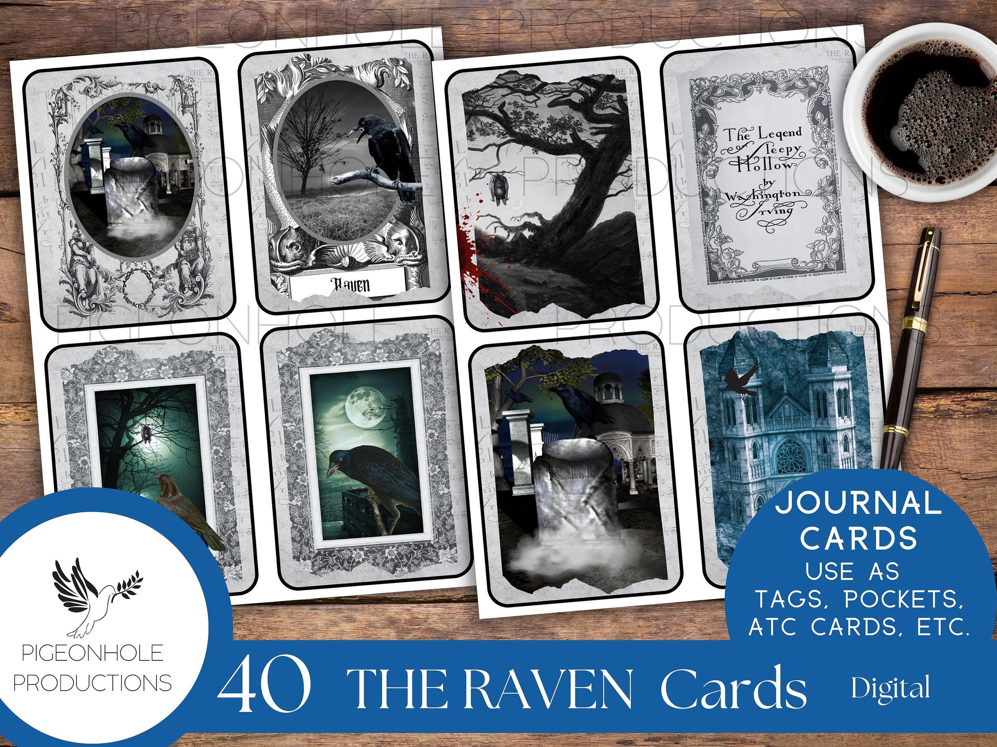 The Raven Junk Journal Cards—PRINTABLE—40 cards—Halloween Goth—includes The Legend of Sleepy Hollow—magical, mystical scenes with birds