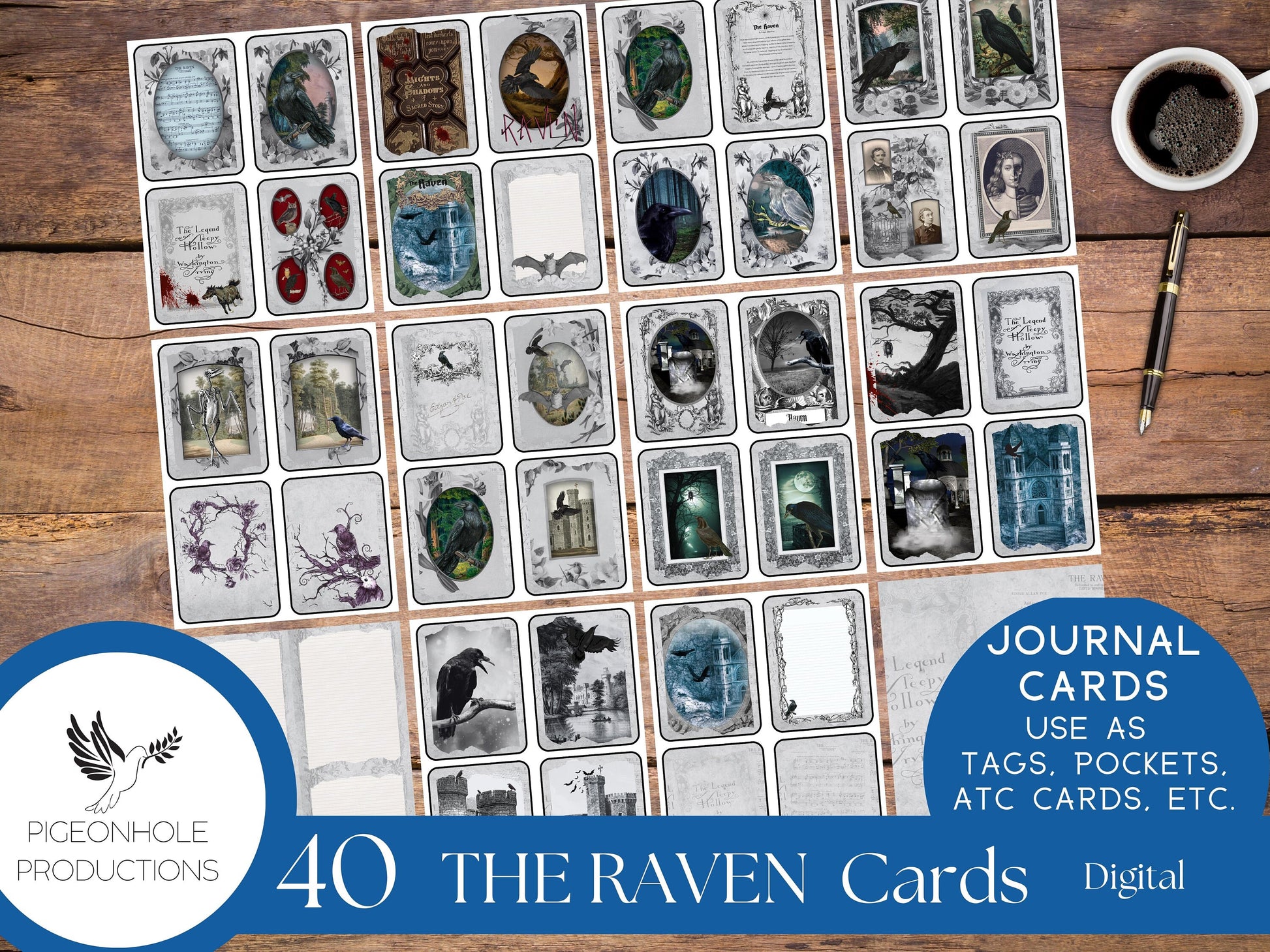 The Raven Junk Journal Cards—PRINTABLE—40 cards—Halloween Goth—includes The Legend of Sleepy Hollow—magical, mystical scenes with birds