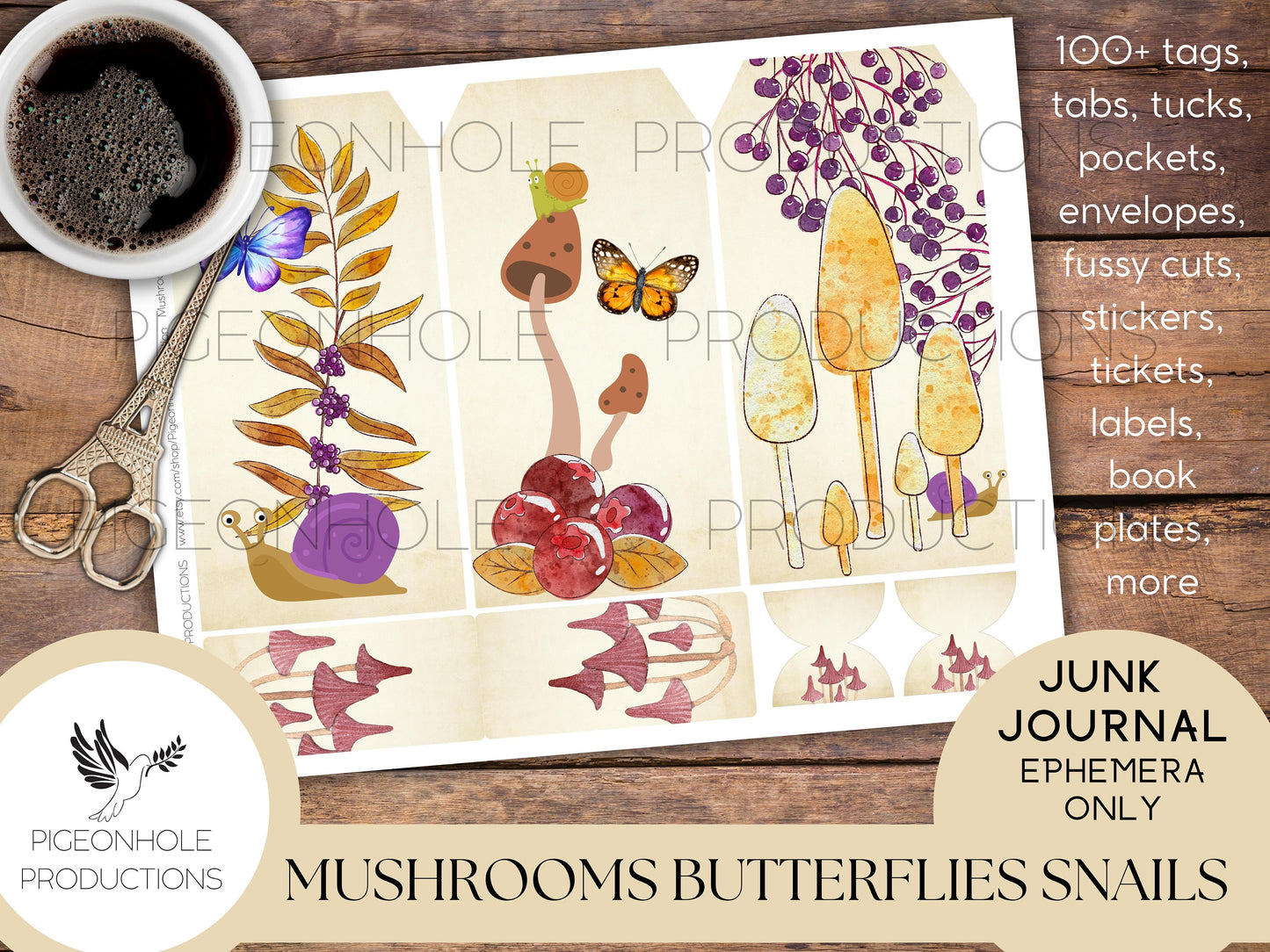 Mushrooms Butterflies Snails Junk Journal EPHEMERA—PRINTABLE—100+ tags, tucks, pockets, envelopes, page tabs, tickets, labels, book plates