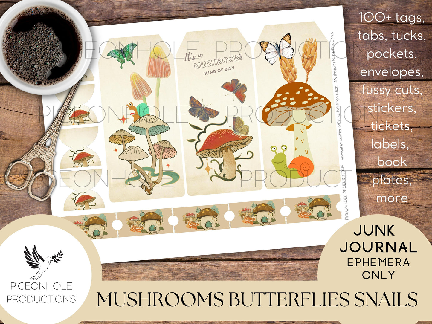 Mushrooms Butterflies Snails Junk Journal EPHEMERA—PRINTABLE—100+ tags, tucks, pockets, envelopes, page tabs, tickets, labels, book plates