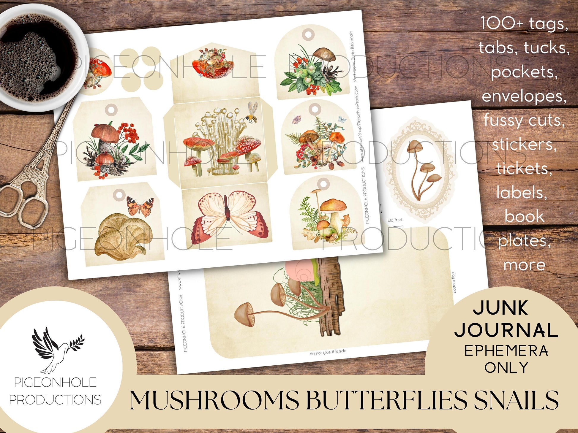 Mushrooms Butterflies Snails Junk Journal EPHEMERA—PRINTABLE—100+ tags, tucks, pockets, envelopes, page tabs, tickets, labels, book plates