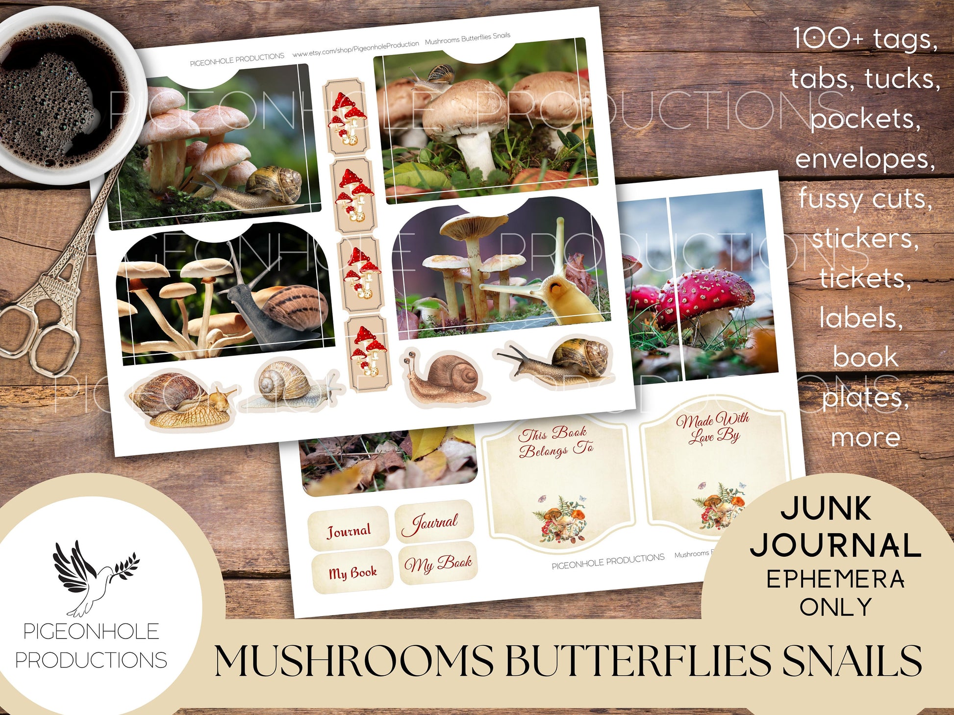 Mushrooms Butterflies Snails Junk Journal EPHEMERA—PRINTABLE—100+ tags, tucks, pockets, envelopes, page tabs, tickets, labels, book plates