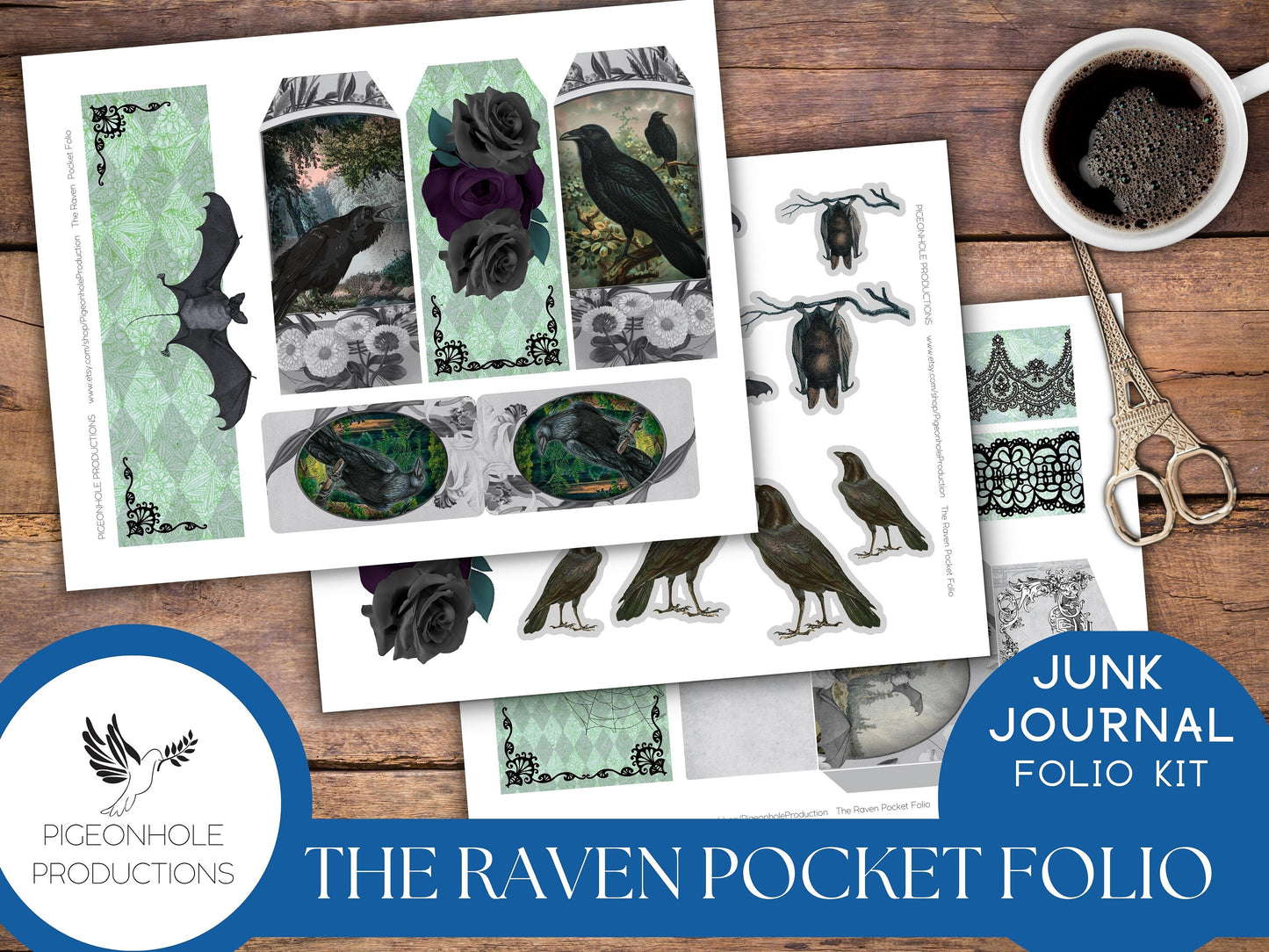 The Raven Pocket Folio—PRINTABLE—Halloween Goth—holds junk journal ephemera—assemble as you like—suggestions included for inspiration