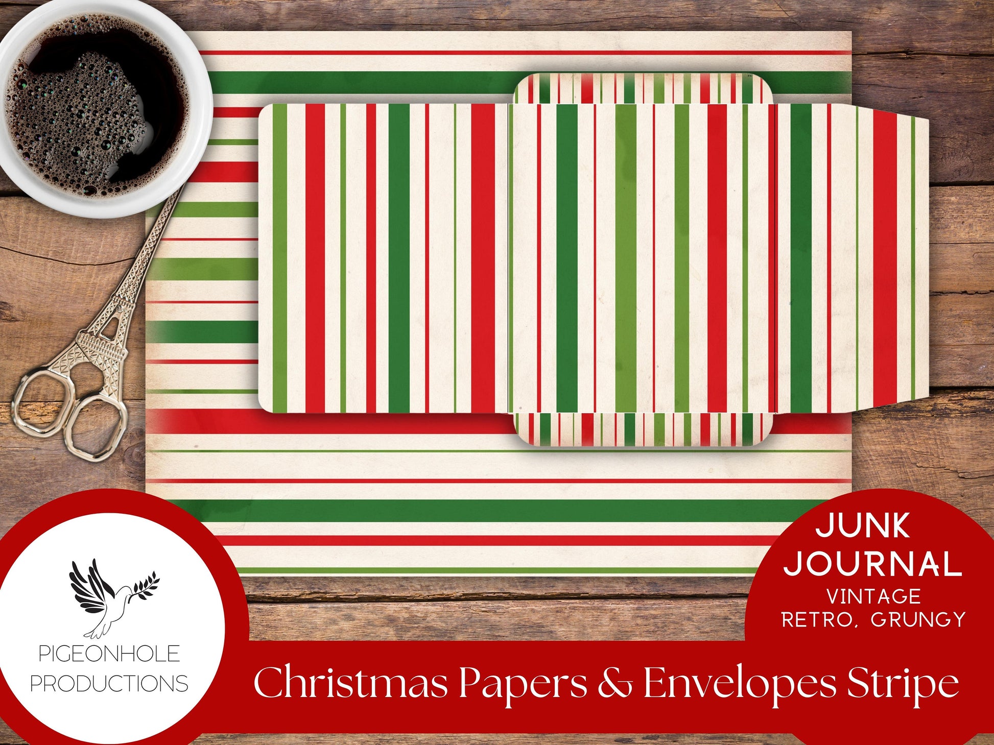 Retro Christmas Junk Journal Paper & Envelopes STRIPES—PRINTABLE—7 sheets with coordinating envelopes—for journal making and paper crafting
