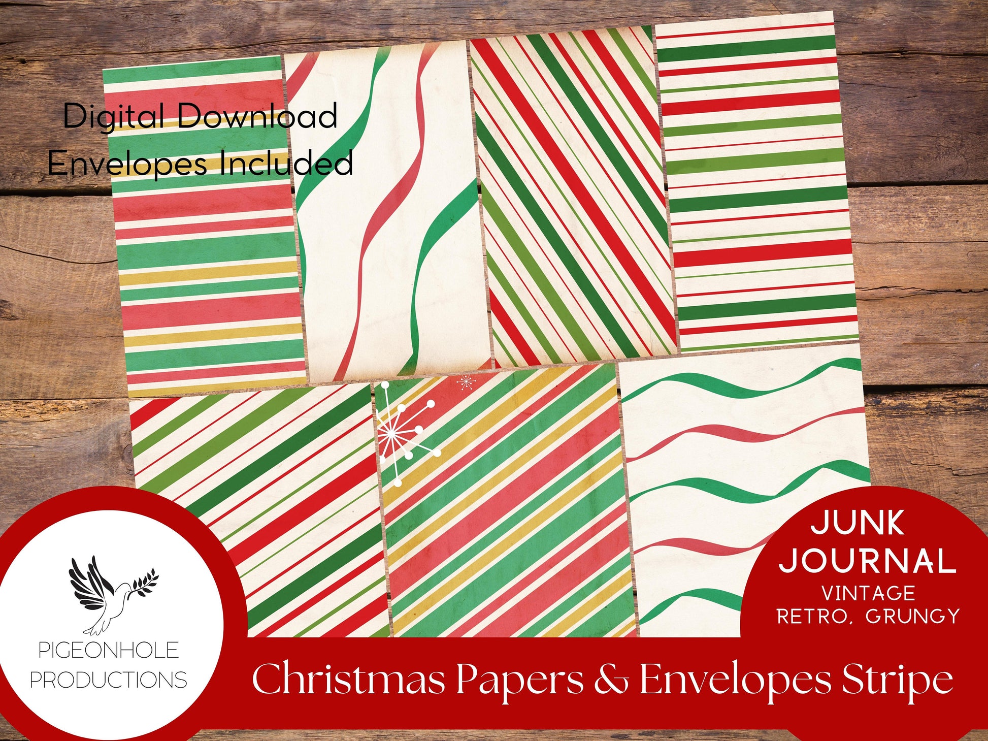 Retro Christmas Junk Journal Paper & Envelopes STRIPES—PRINTABLE—7 sheets with coordinating envelopes—for journal making and paper crafting
