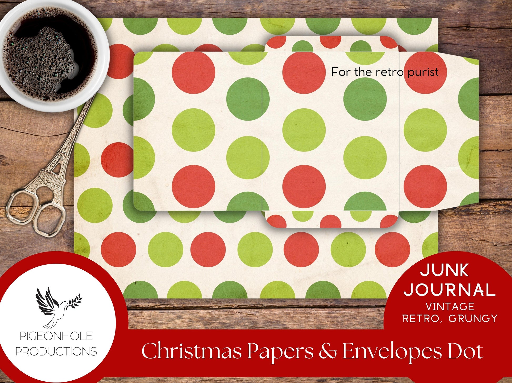 Retro Christmas Junk Journal Paper & Envelopes DOTS—PRINTABLE—8 sheets with coordinating envelopes—for journal making and paper crafting