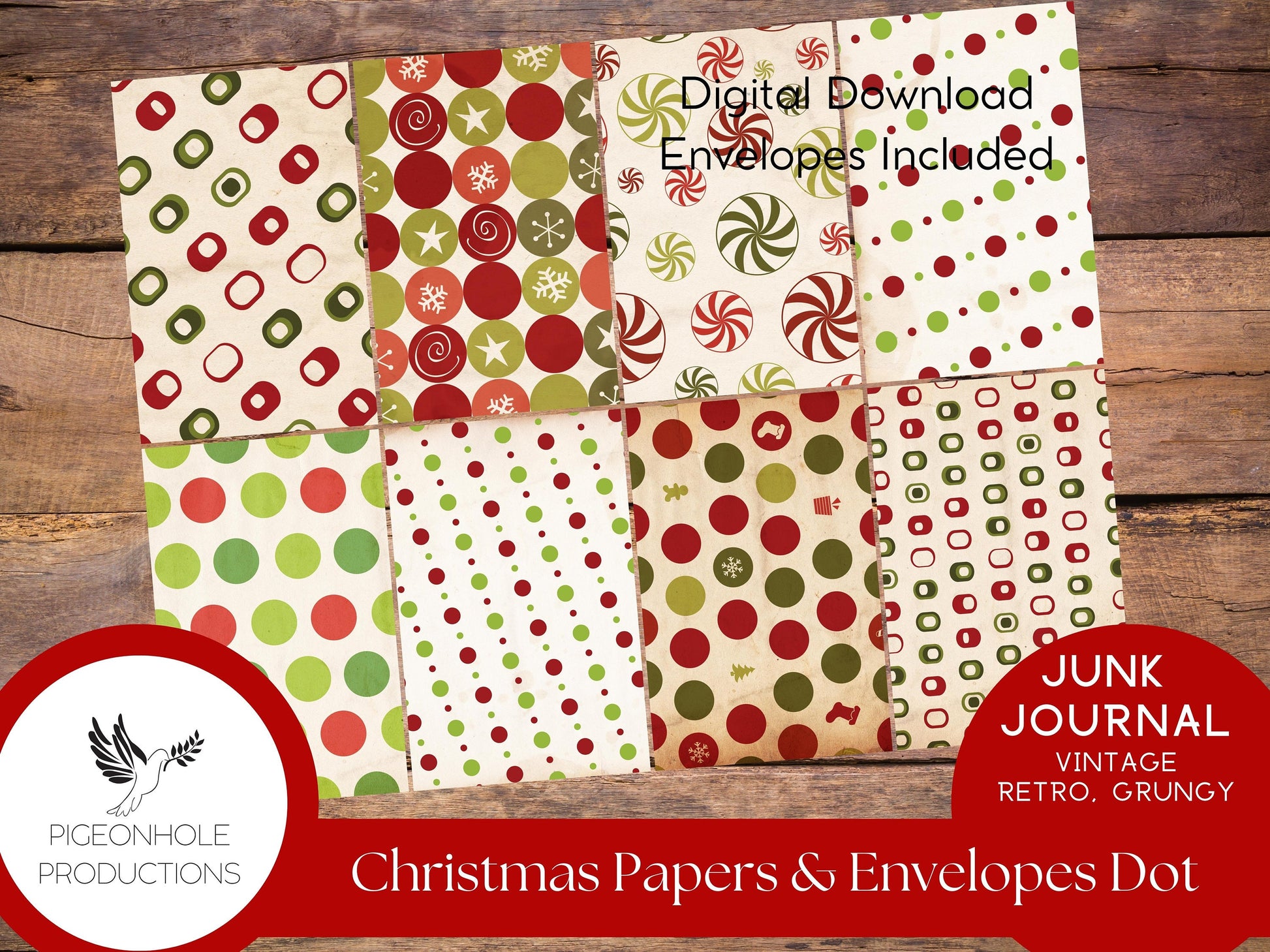 Retro Christmas Junk Journal Paper & Envelopes DOTS—PRINTABLE—8 sheets with coordinating envelopes—for journal making and paper crafting