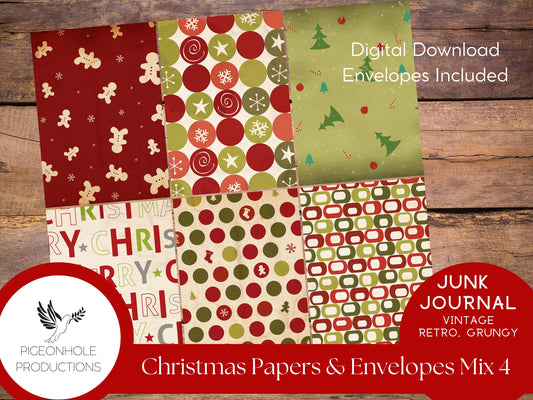 Retro Christmas Junk Journal Paper & Envelopes MIX 4—PRINTABLE—6 sheets with coordinating envelopes—for journal making and paper crafting