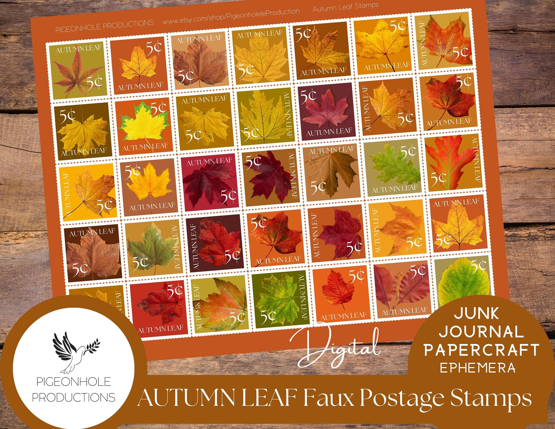 Autumn Leaf Faux Postage Stamps, PRINTABLE, use in junk journals, planners, scrapbooking, collage, or print on sticker paper for stickers