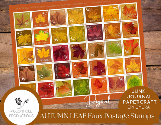 Autumn Leaf Faux Postage Stamps, PRINTABLE, use in junk journals, planners, scrapbooking, collage, or print on sticker paper for stickers