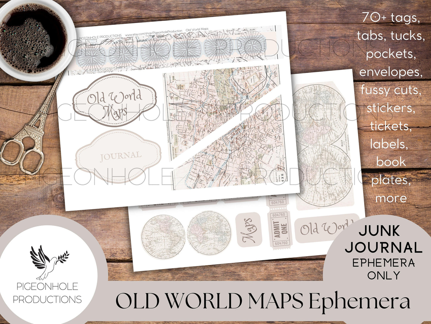Old World Maps Junk Journal EPHEMERA—PRINTABLE—70+ tags, tucks, pockets, envelopes, page tabs, tickets, labels, book plates, more