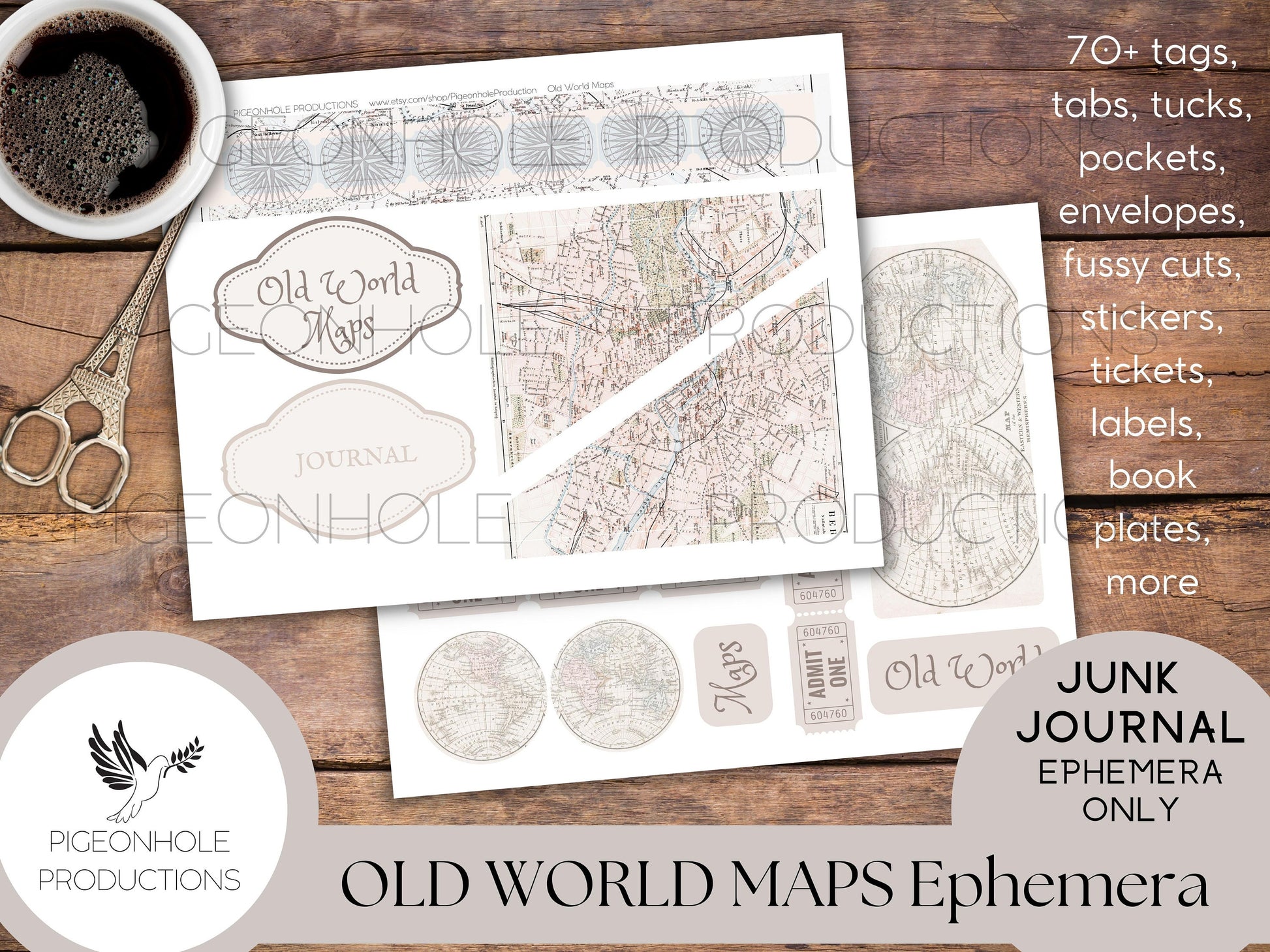 Old World Maps Junk Journal EPHEMERA—PRINTABLE—70+ tags, tucks, pockets, envelopes, page tabs, tickets, labels, book plates, more