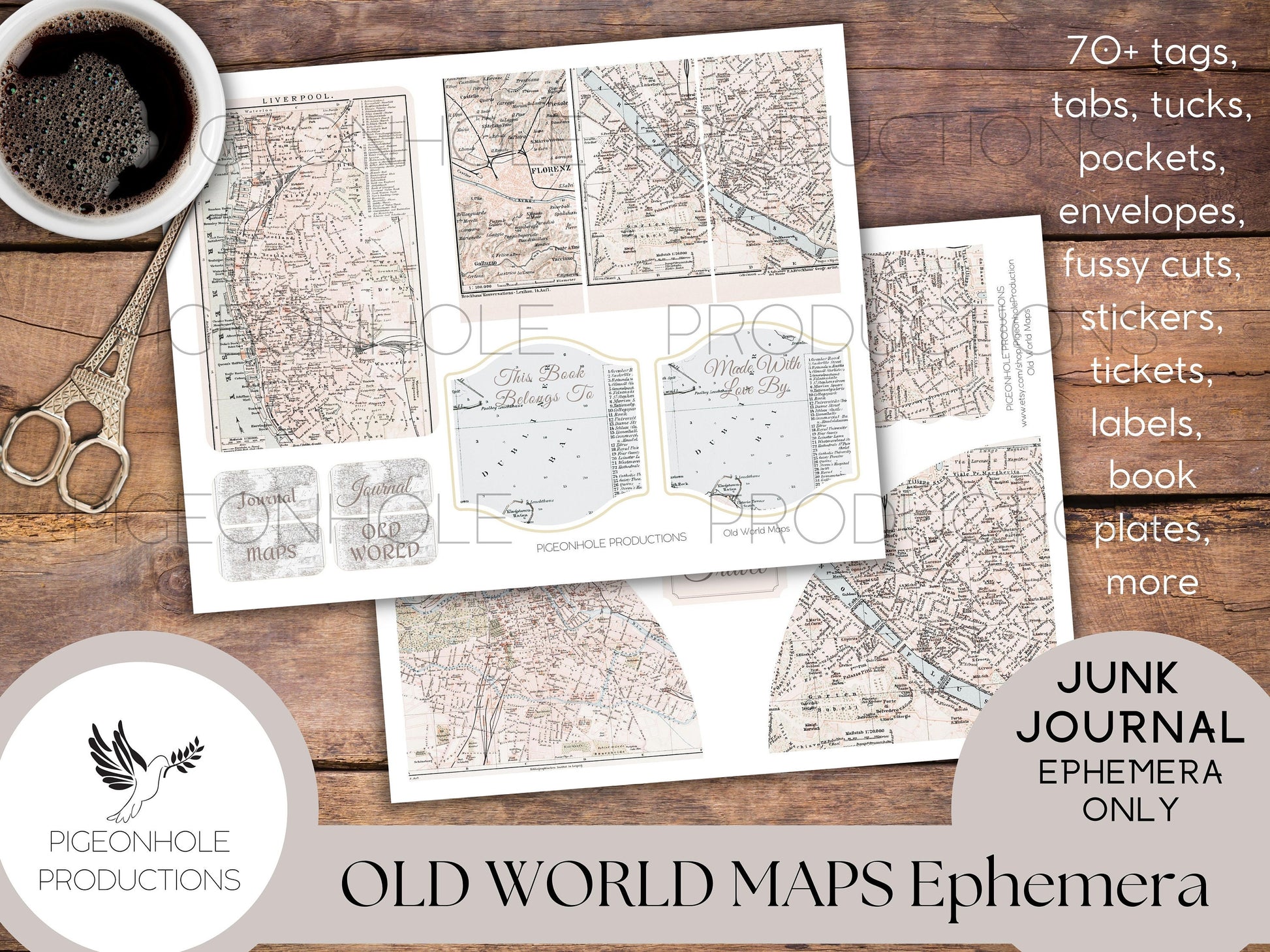 Old World Maps Junk Journal EPHEMERA—PRINTABLE—70+ tags, tucks, pockets, envelopes, page tabs, tickets, labels, book plates, more