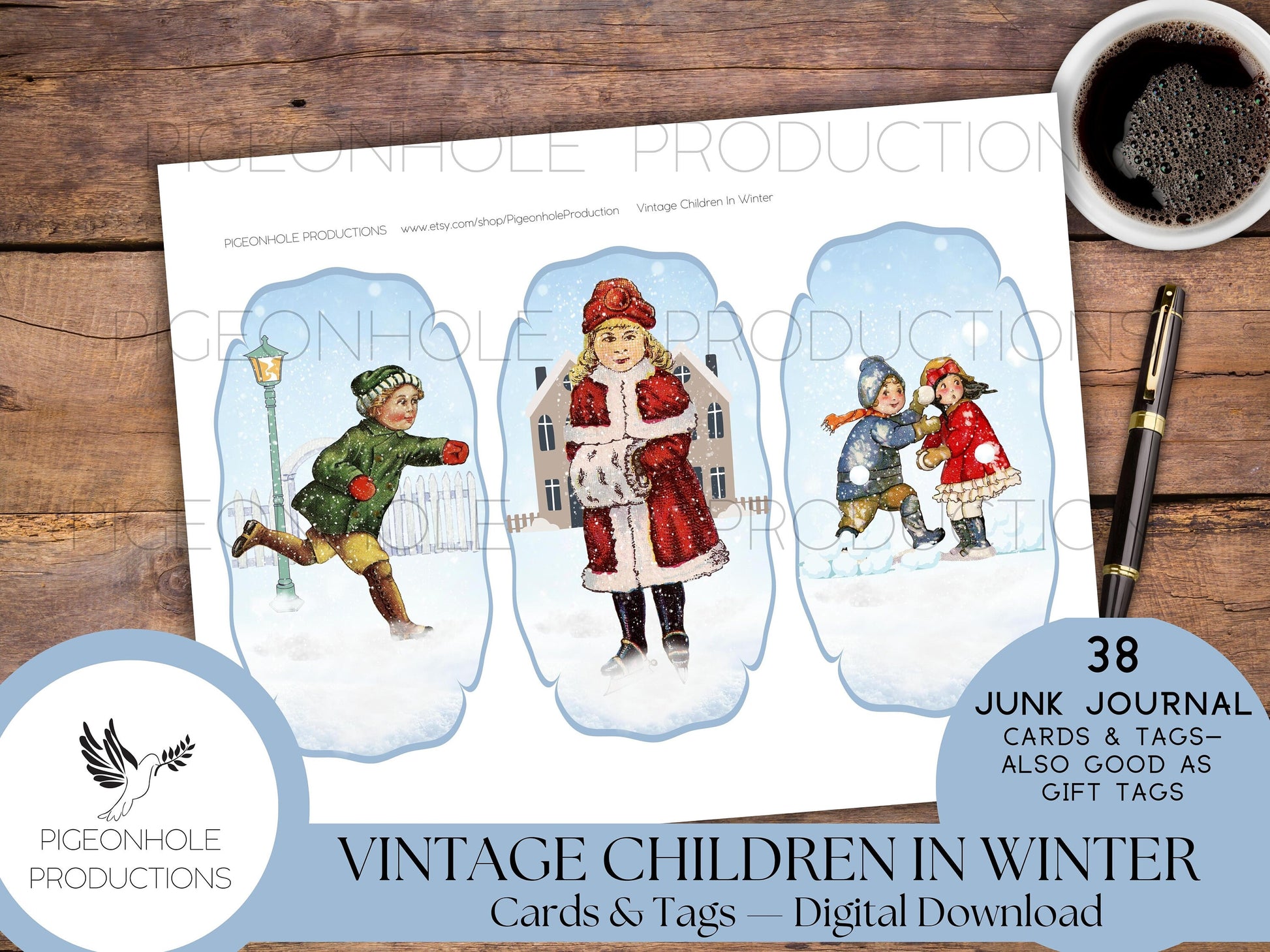 Vintage Children In Winter Junk Journal Cards & Tags—PRINTABLE—38 cards in a variety of pretty shapes—sweet children enjoying winter